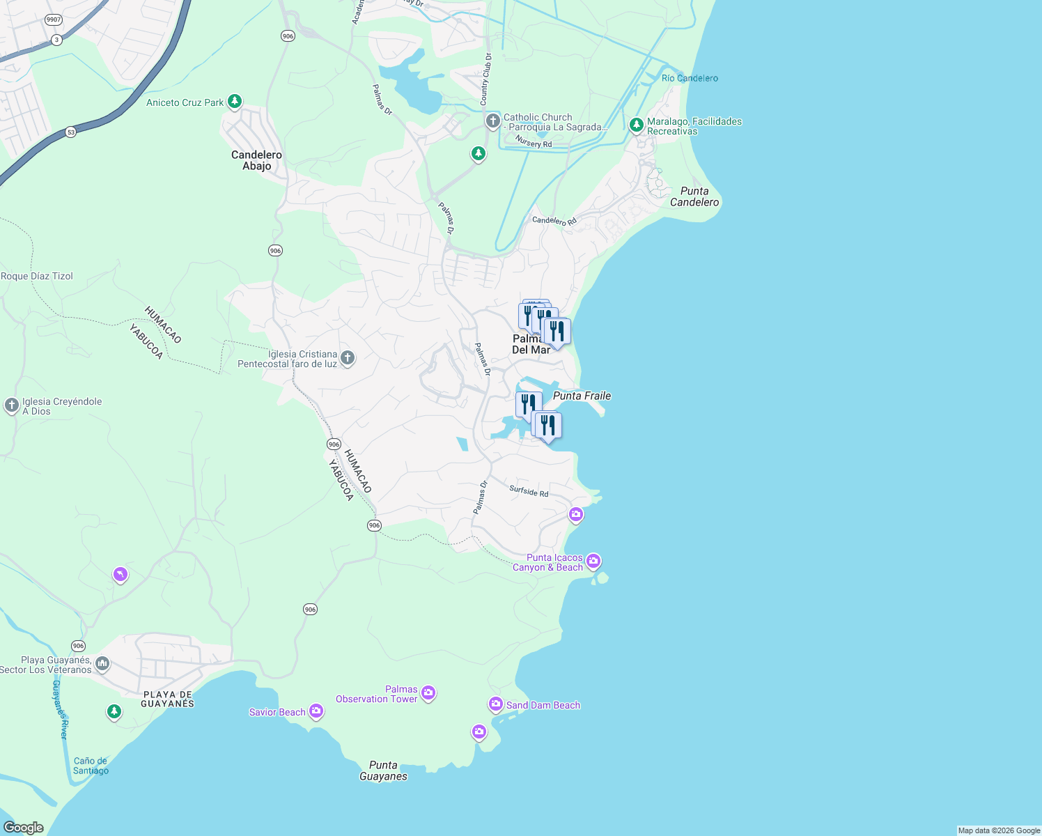 map of restaurants, bars, coffee shops, grocery stores, and more near 6 Seascape Peninsula in Palmas del Mar