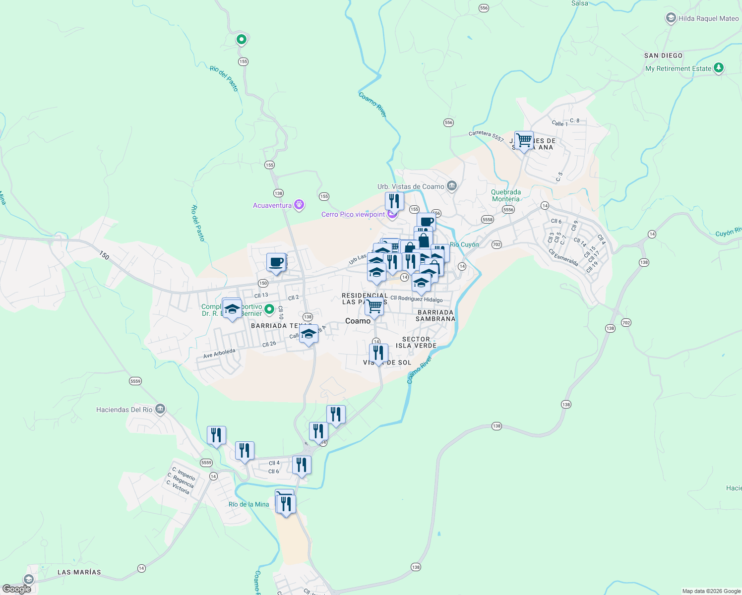 map of restaurants, bars, coffee shops, grocery stores, and more near 12 Puerto Rico 153 in Coamo