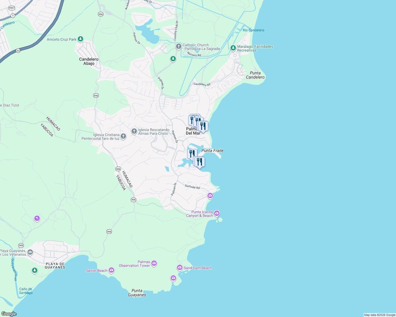 map of restaurants, bars, coffee shops, grocery stores, and more near Harbour Drive in Humacao