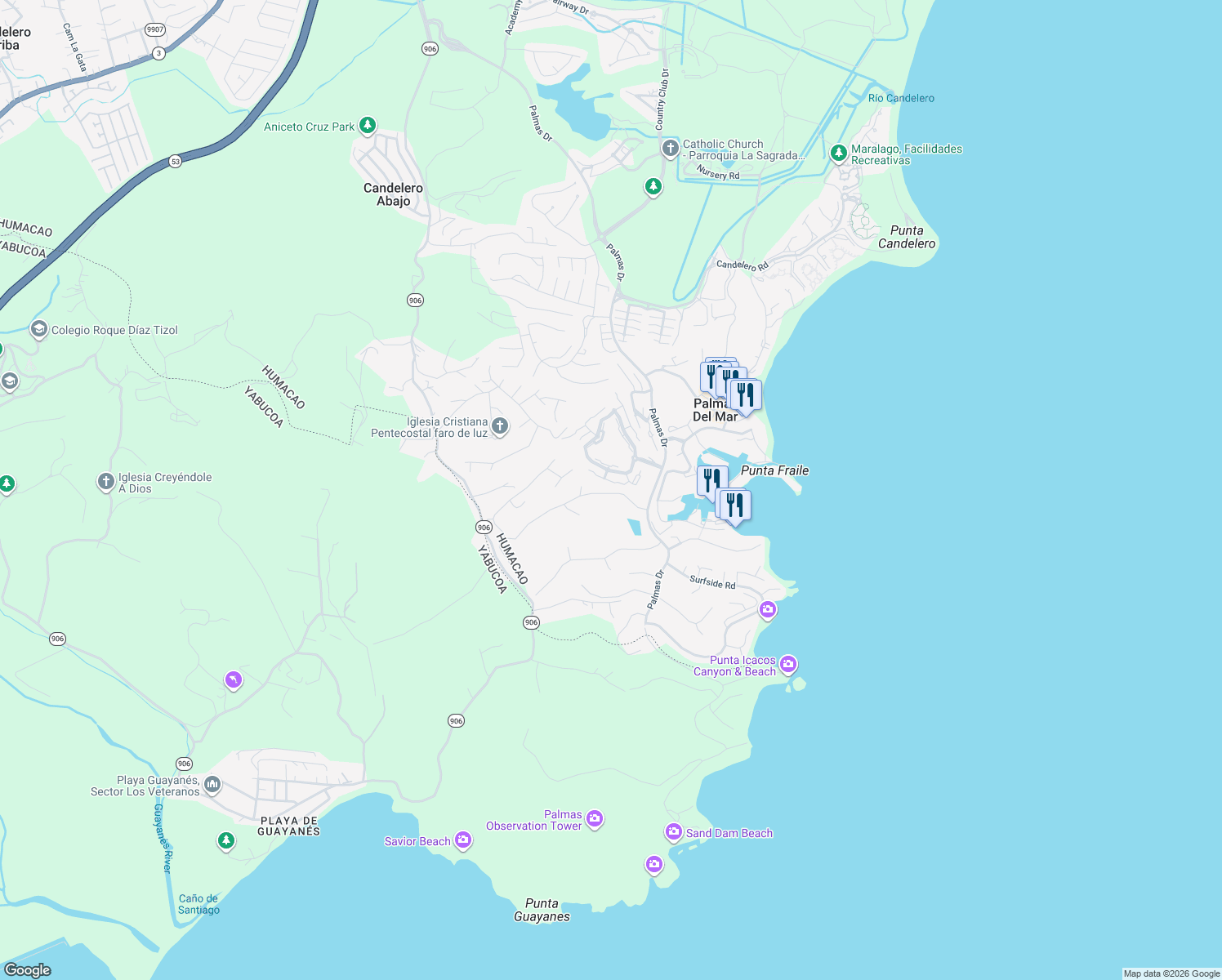 map of restaurants, bars, coffee shops, grocery stores, and more near Unnamed Road in Palmas del Mar