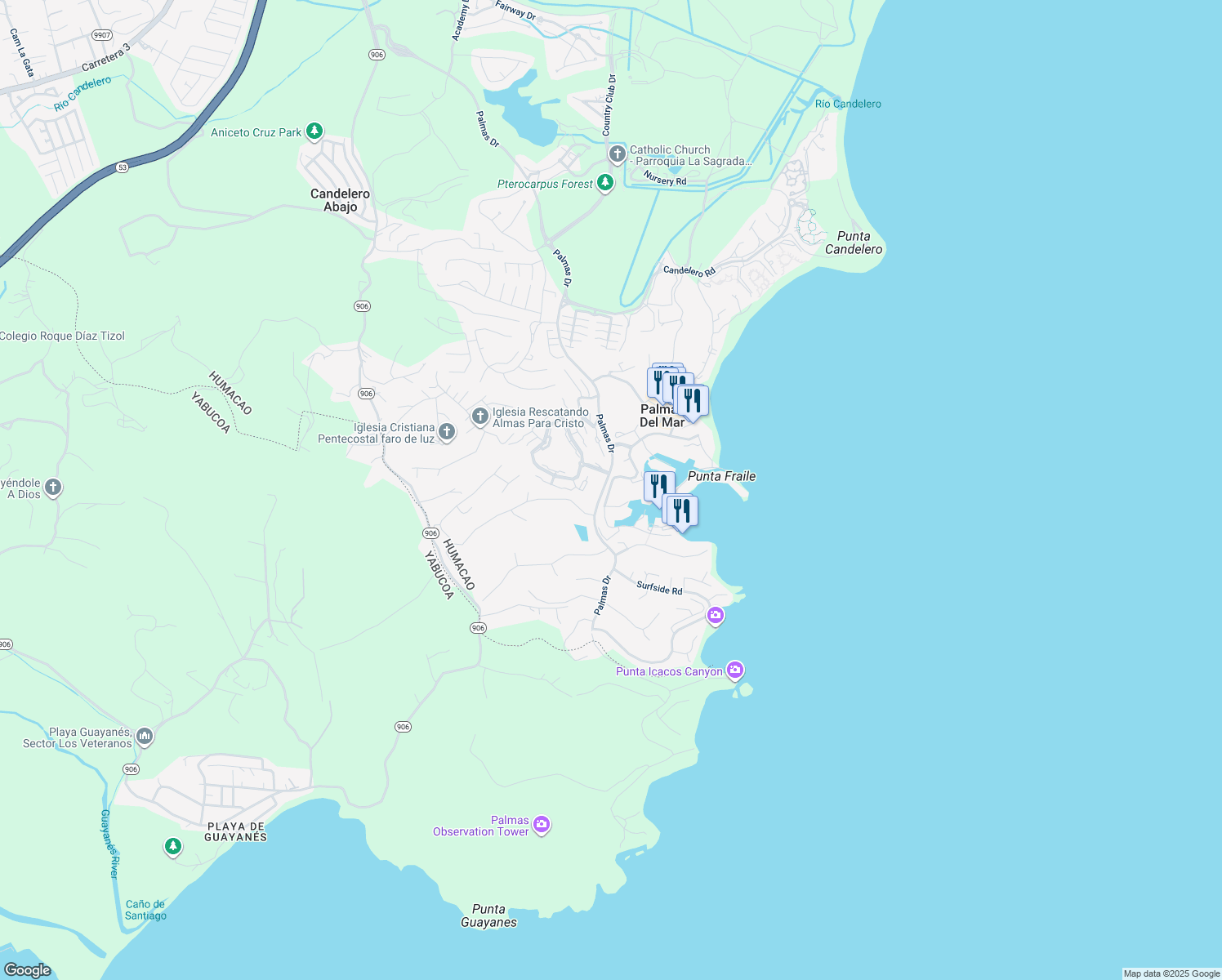 map of restaurants, bars, coffee shops, grocery stores, and more near Harbour Drive in Humacao