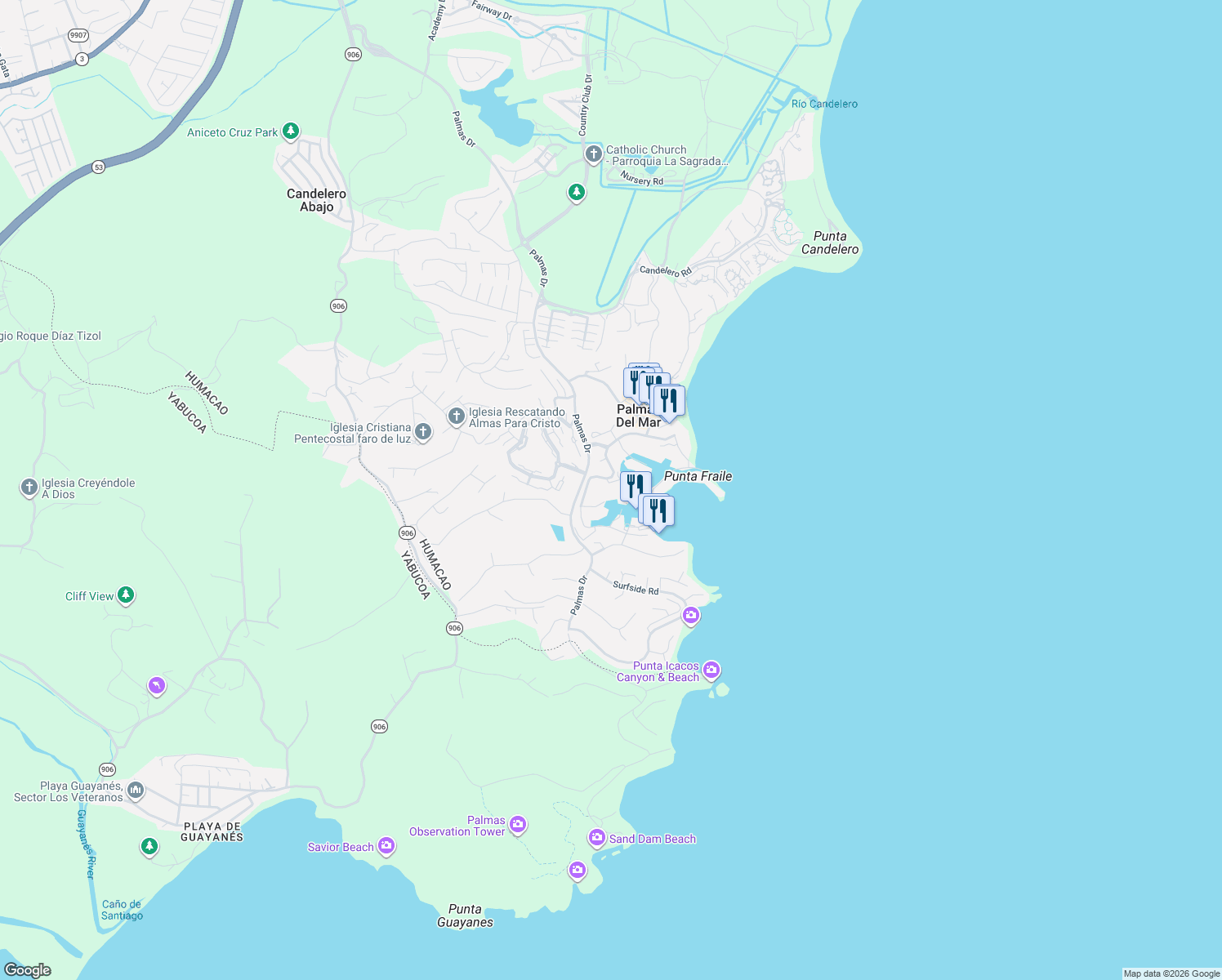 map of restaurants, bars, coffee shops, grocery stores, and more near 6 Seascape Peninsula in Palmas del Mar