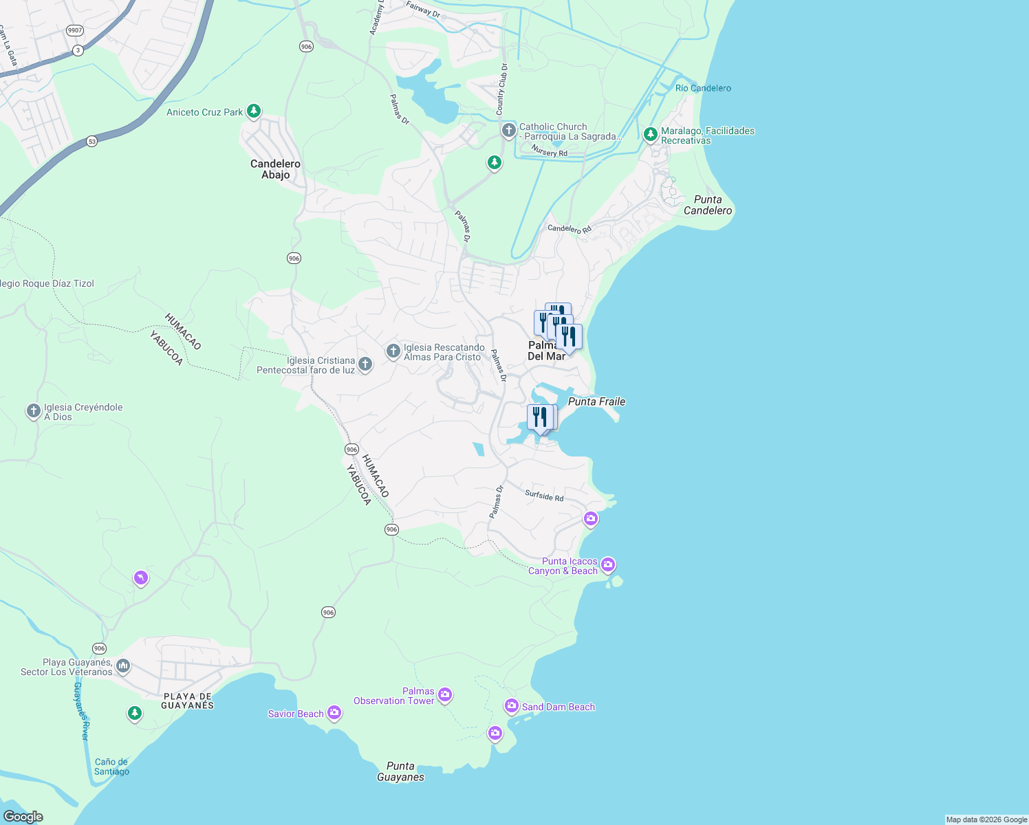 map of restaurants, bars, coffee shops, grocery stores, and more near Harbour Drive in Humacao