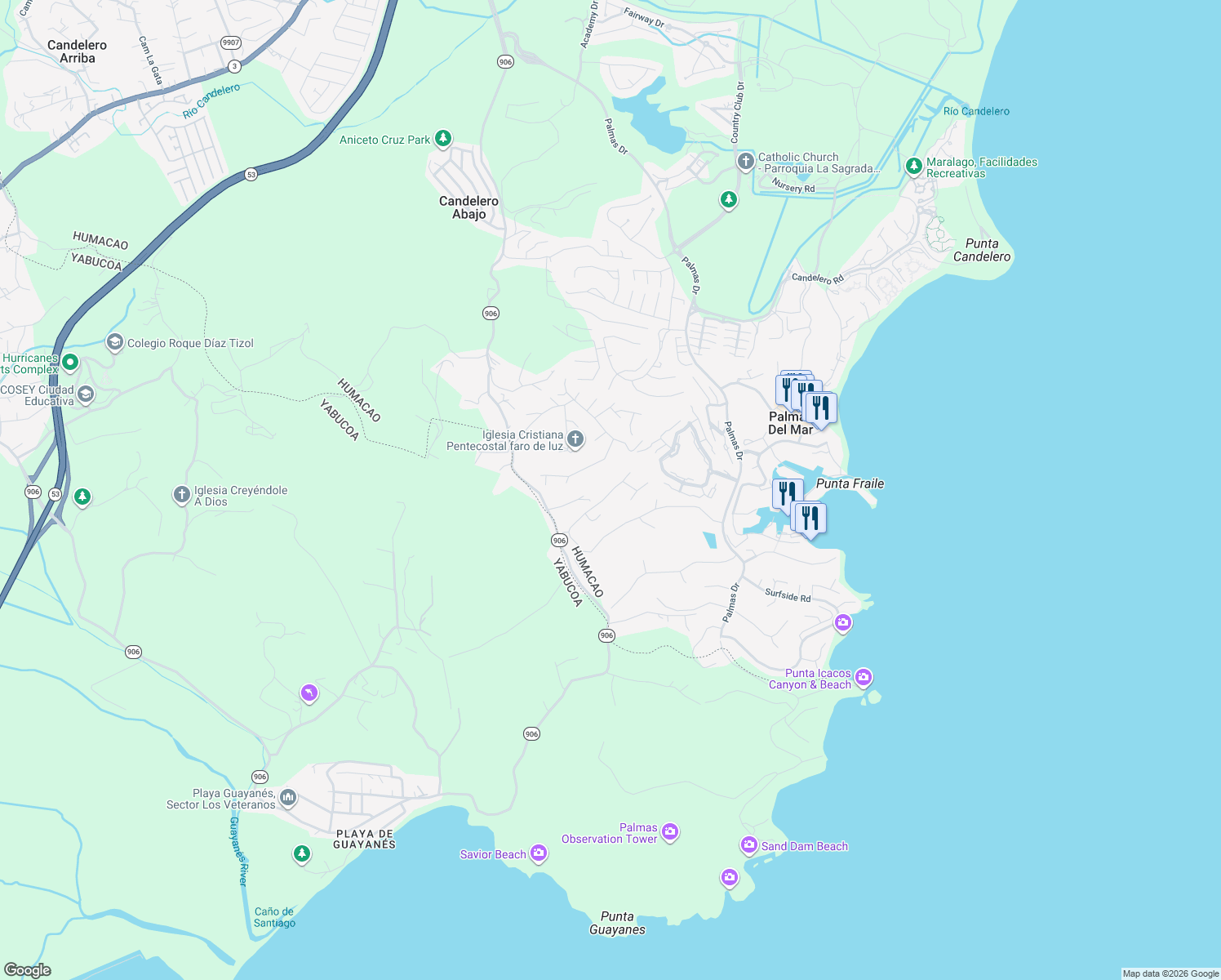 map of restaurants, bars, coffee shops, grocery stores, and more near in Palmas del Mar