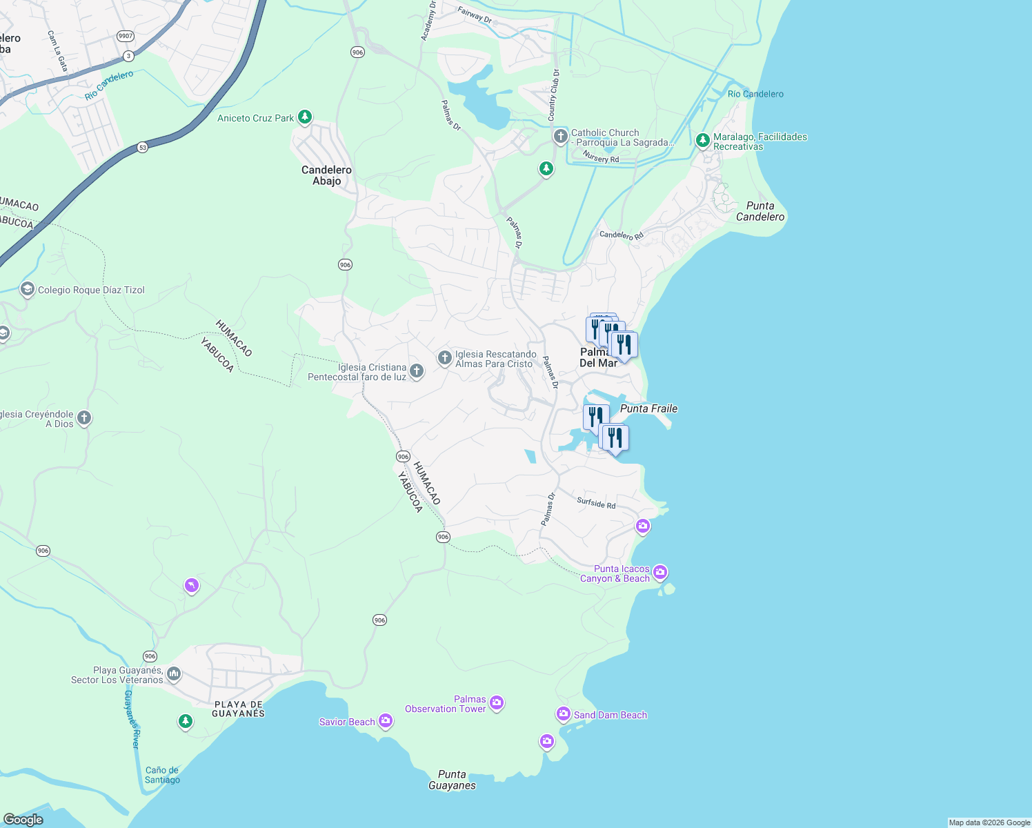 map of restaurants, bars, coffee shops, grocery stores, and more near in Palmas del Mar