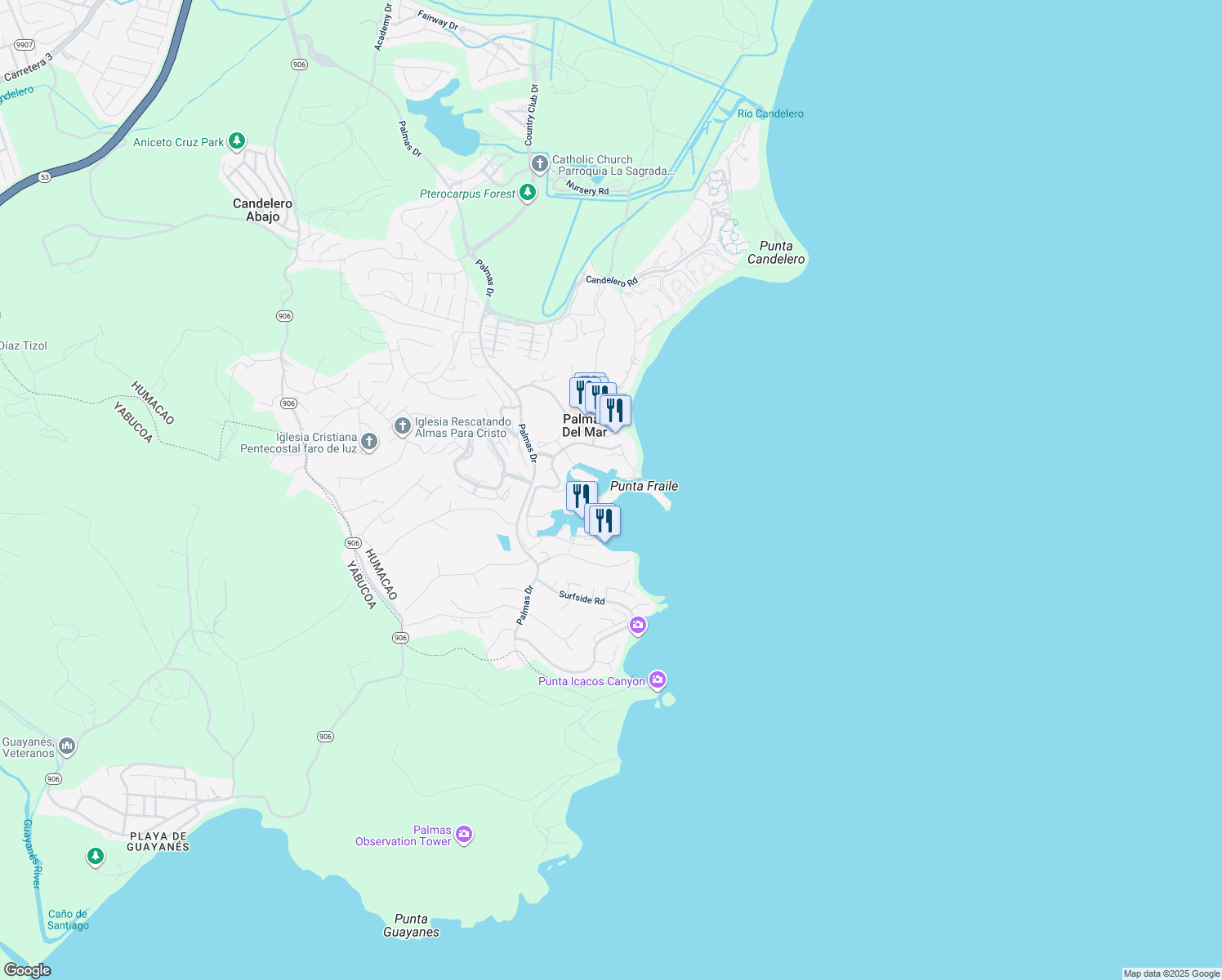 map of restaurants, bars, coffee shops, grocery stores, and more near Harbour Drive in Humacao