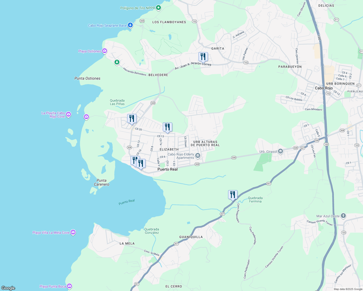 map of restaurants, bars, coffee shops, grocery stores, and more near Calle Jacuenas in Cabo Rojo