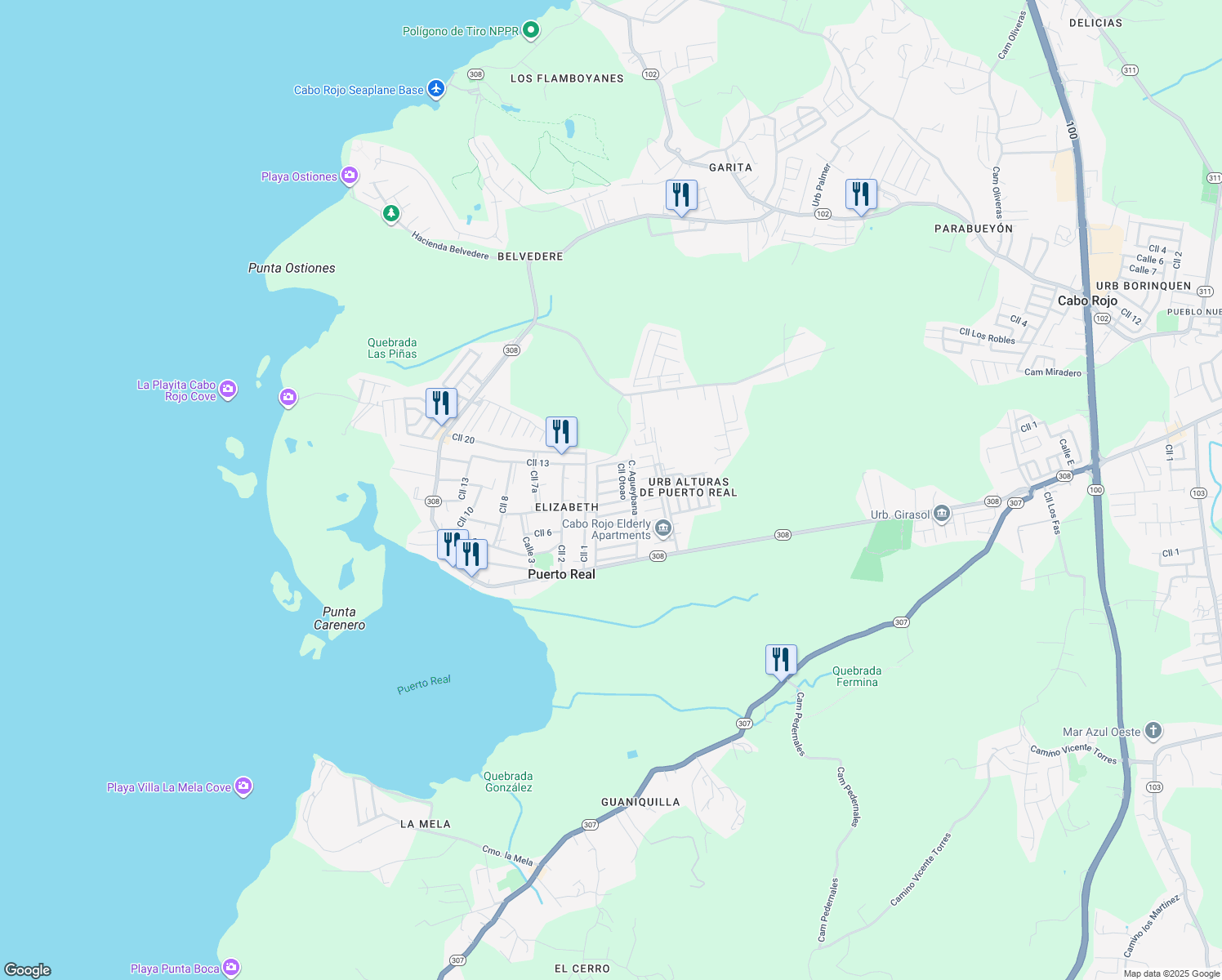 map of restaurants, bars, coffee shops, grocery stores, and more near Calle Otoao in Cabo Rojo