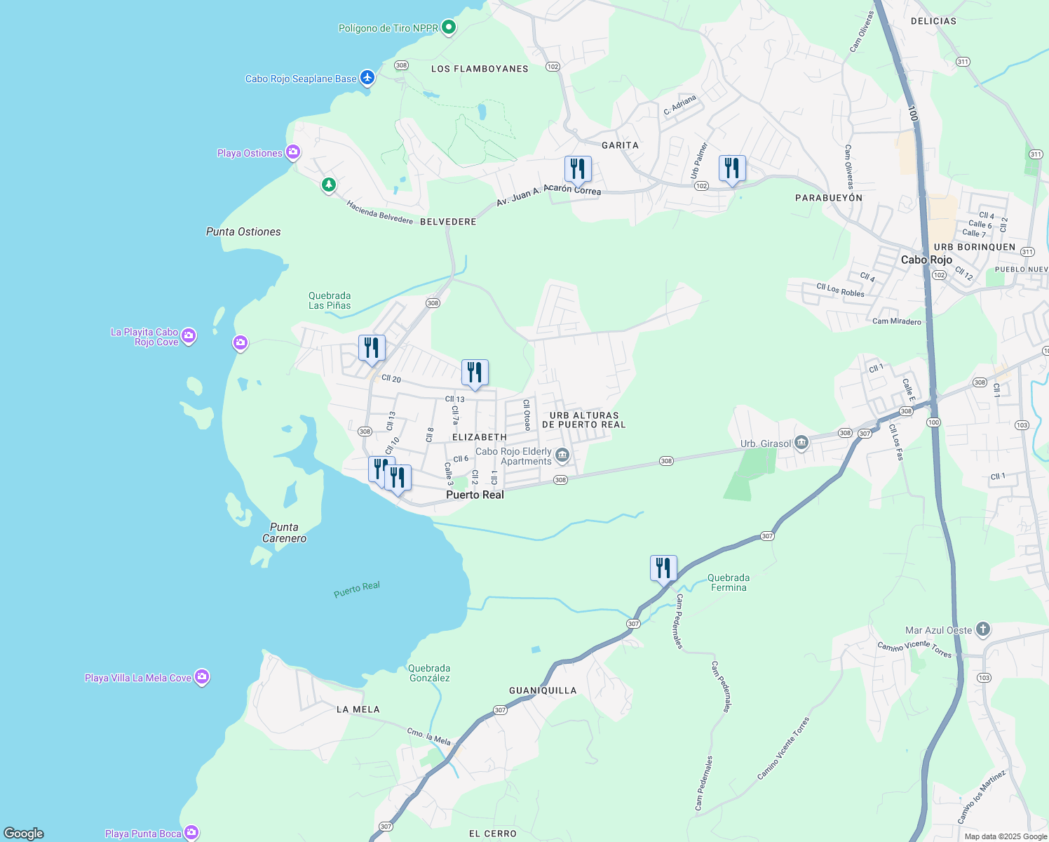 map of restaurants, bars, coffee shops, grocery stores, and more near Calle Jacuenas in Cabo Rojo