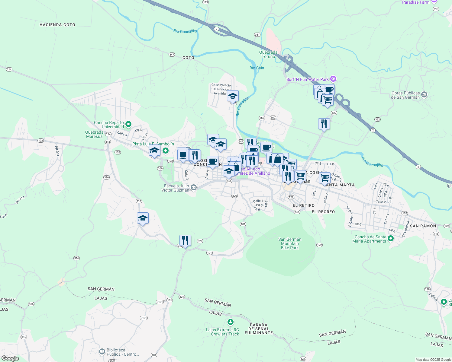 map of restaurants, bars, coffee shops, grocery stores, and more near in San Germán