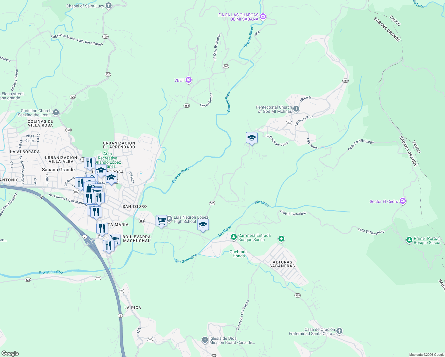 map of restaurants, bars, coffee shops, grocery stores, and more near Calle Los Frailes in Rincón