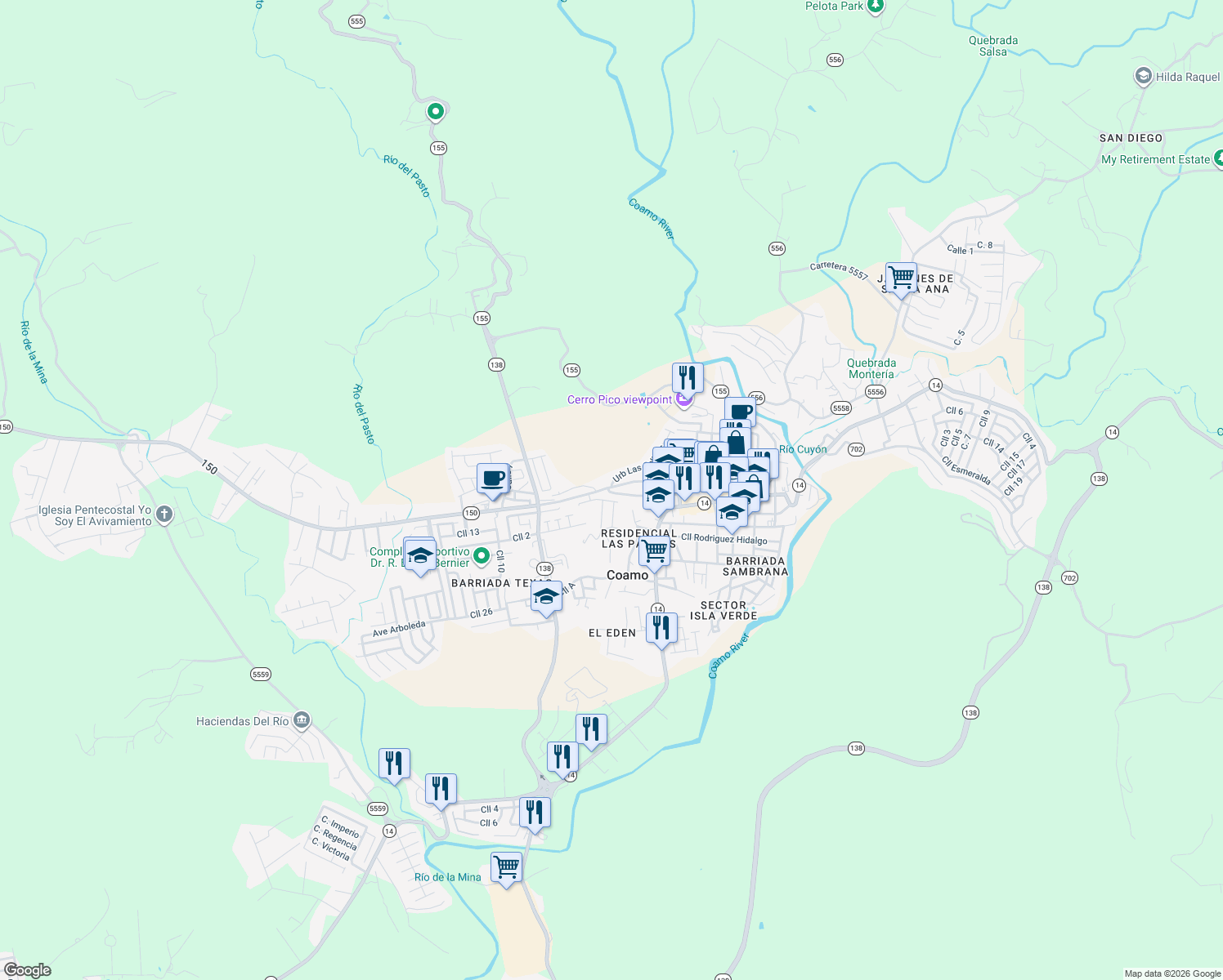 map of restaurants, bars, coffee shops, grocery stores, and more near 42 Callej�n Santa Catalina in Coamo