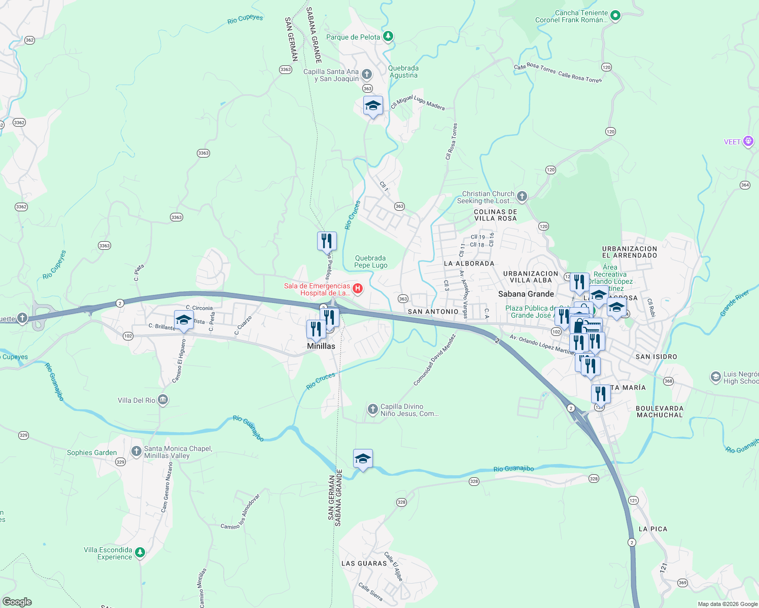 map of restaurants, bars, coffee shops, grocery stores, and more near Puerto Rico 2 in Sabana Grande