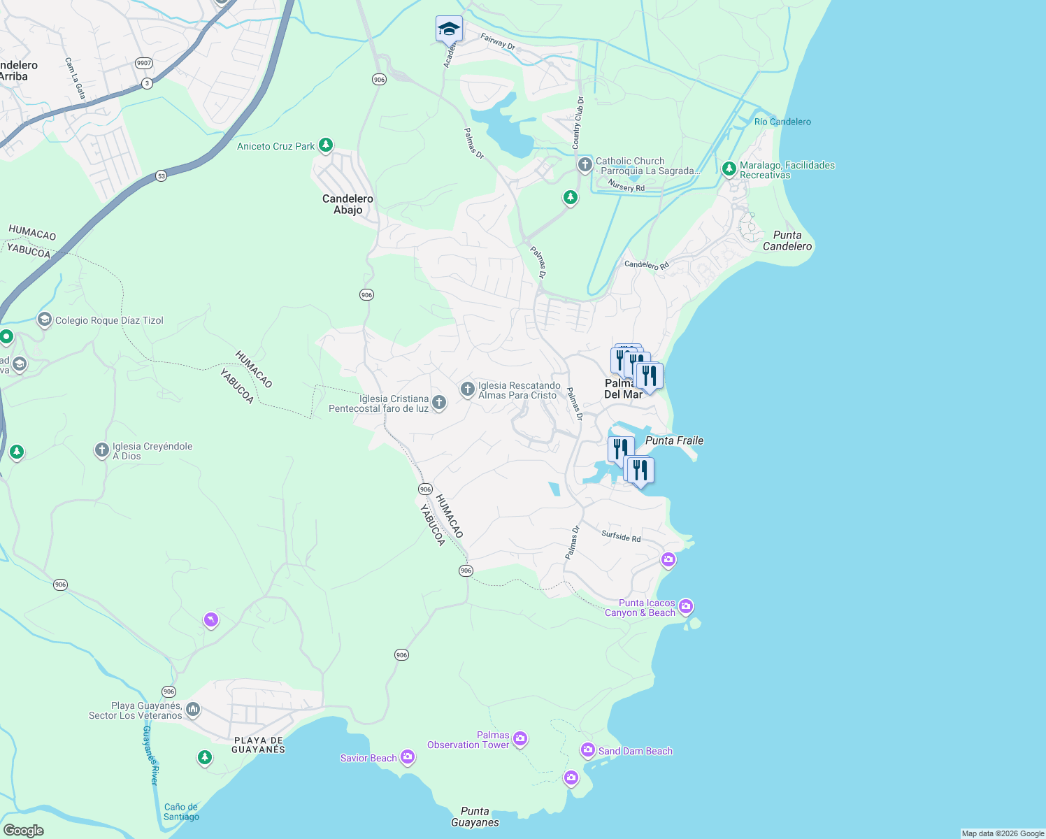 map of restaurants, bars, coffee shops, grocery stores, and more near Unnamed Road in Candelero Abajo