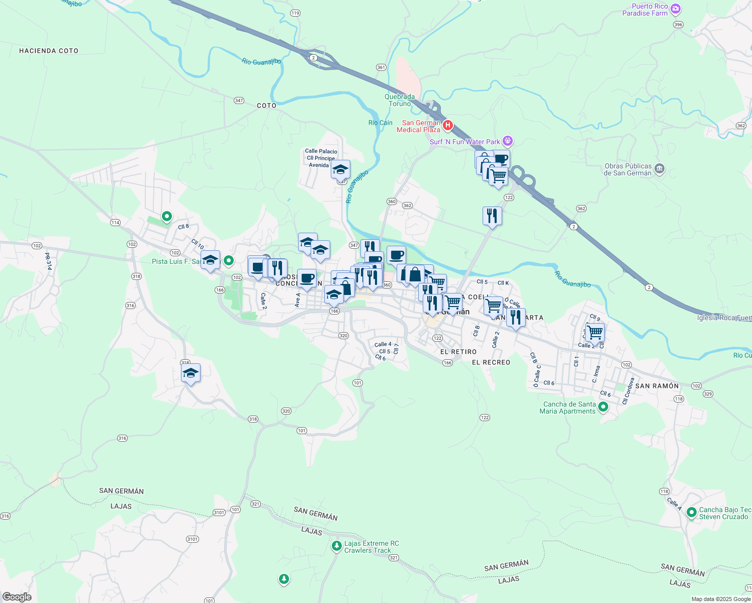 map of restaurants, bars, coffee shops, grocery stores, and more near in San Germán