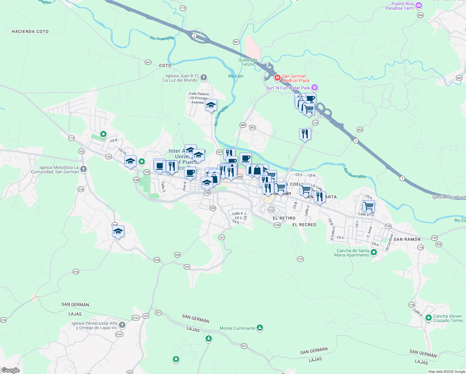 map of restaurants, bars, coffee shops, grocery stores, and more near in San Germán