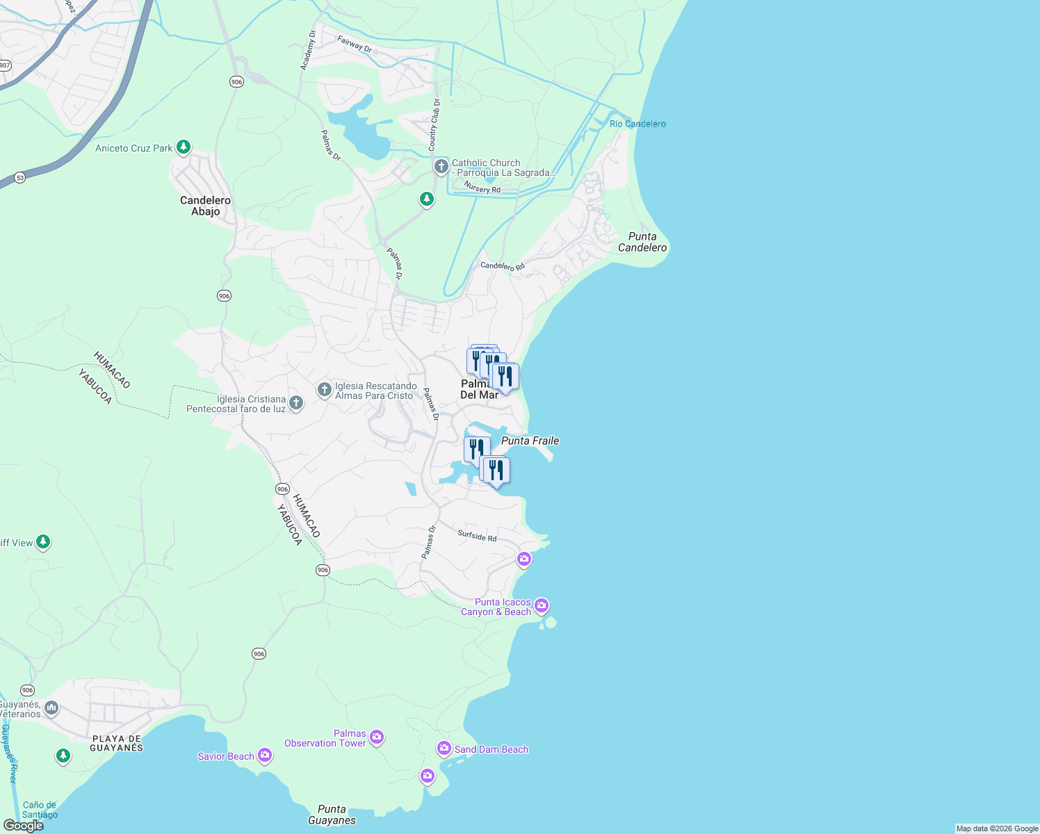map of restaurants, bars, coffee shops, grocery stores, and more near Harbour Drive in Humacao