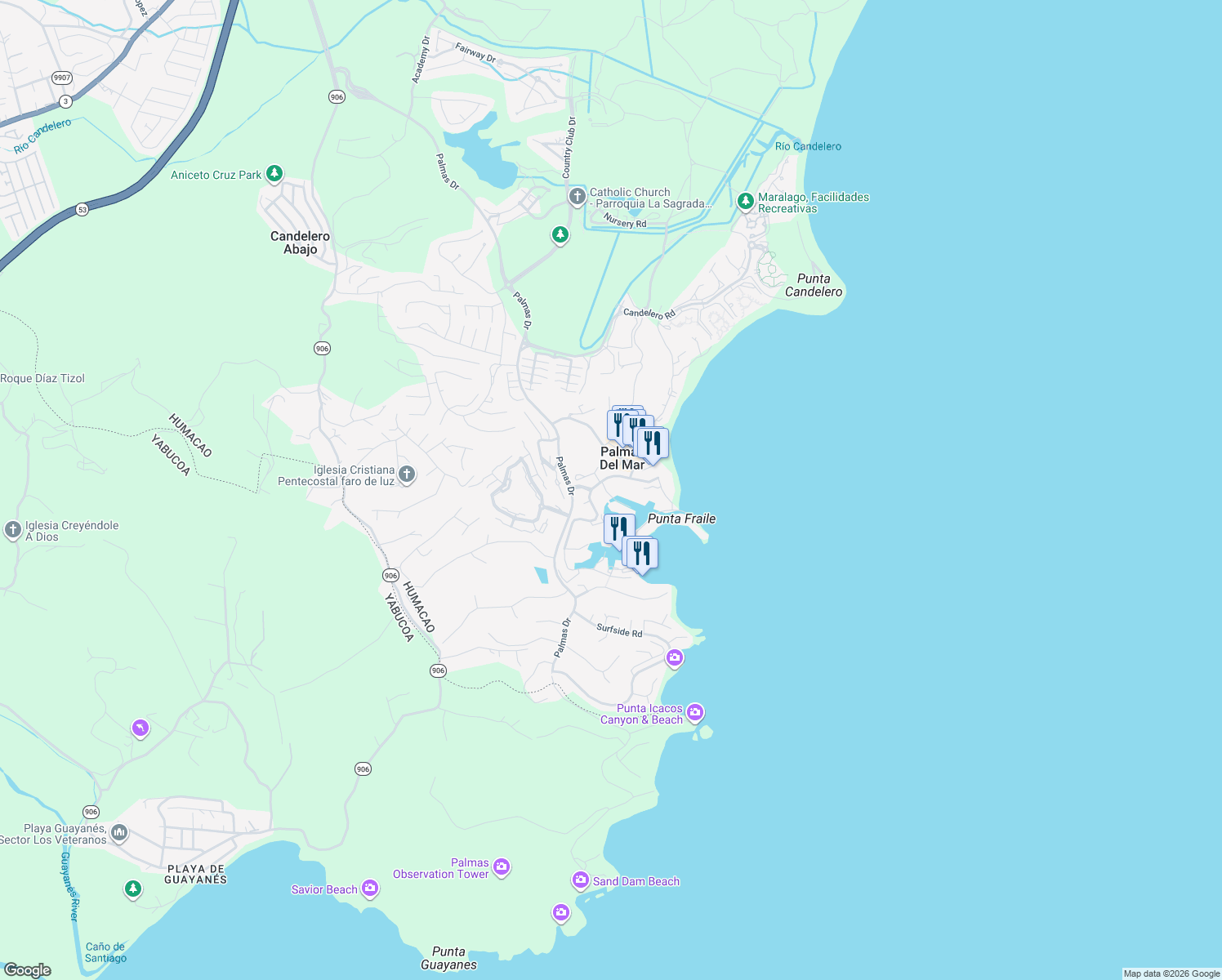 map of restaurants, bars, coffee shops, grocery stores, and more near in Palmas del Mar