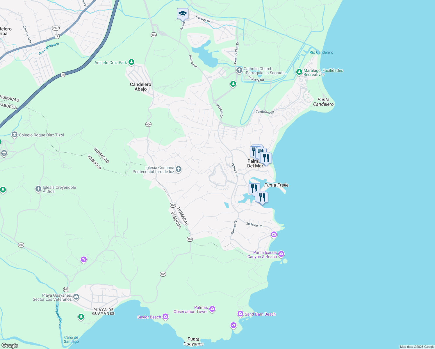 map of restaurants, bars, coffee shops, grocery stores, and more near Unnamed Road in Candelero Abajo