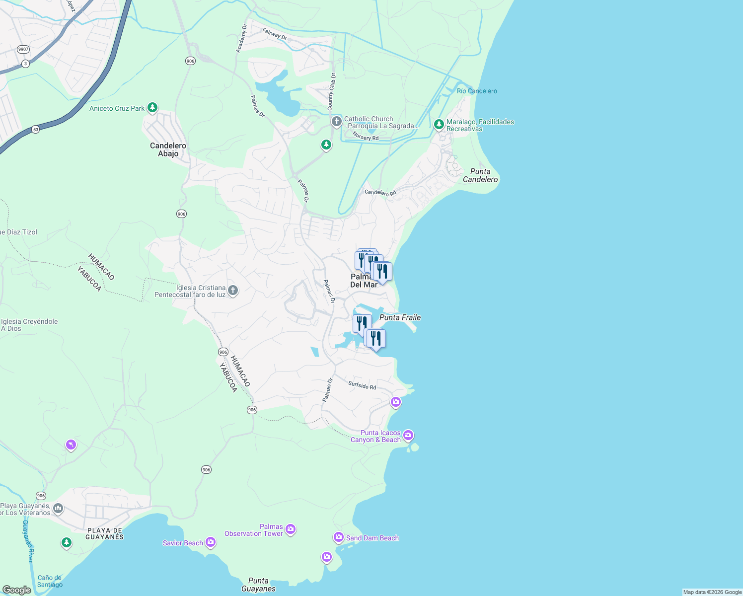 map of restaurants, bars, coffee shops, grocery stores, and more near in Humacao,