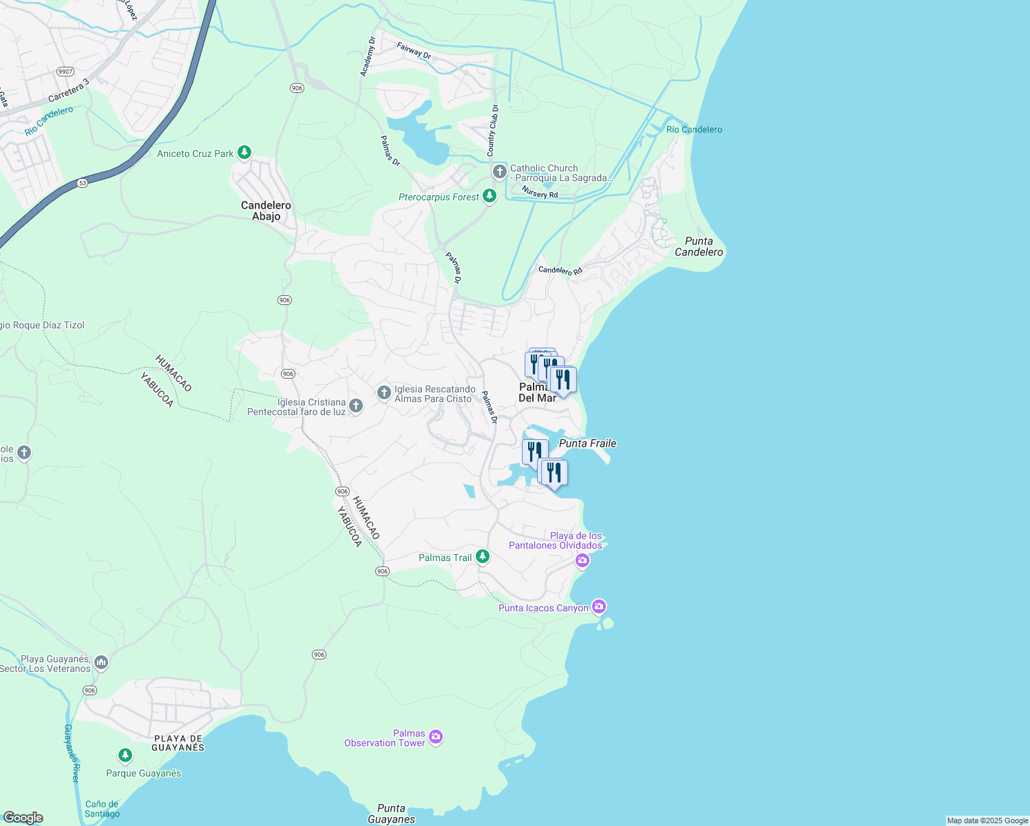 map of restaurants, bars, coffee shops, grocery stores, and more near in Palmas del Mar