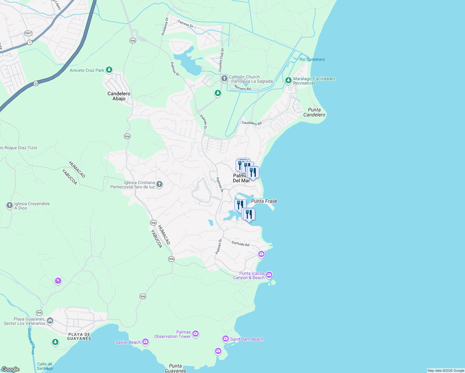 map of restaurants, bars, coffee shops, grocery stores, and more near in Palmas del Mar