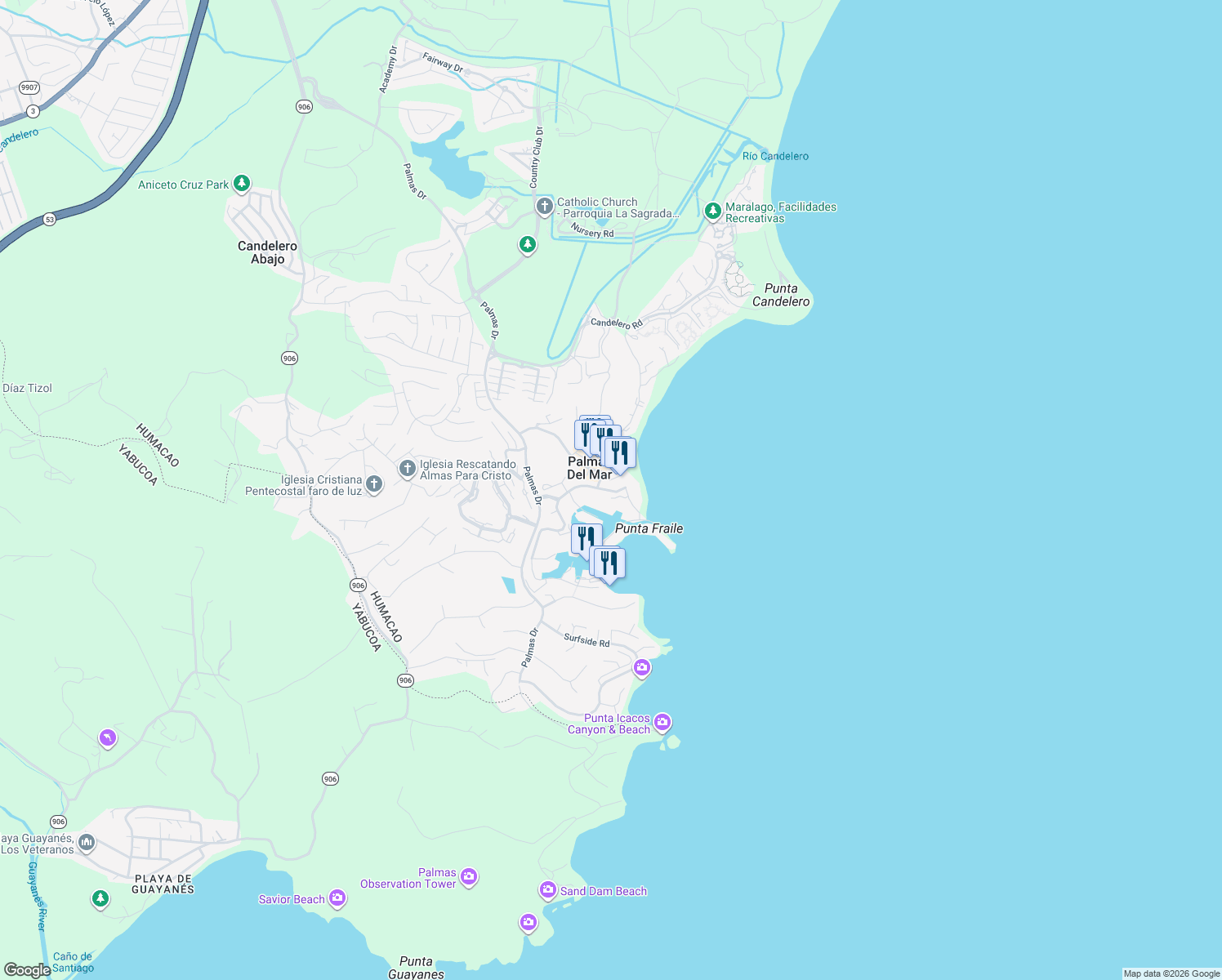 map of restaurants, bars, coffee shops, grocery stores, and more near in Humacao,