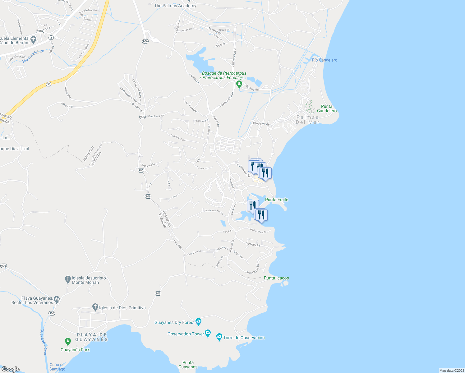 map of restaurants, bars, coffee shops, grocery stores, and more near Palmas Drives in Humacao