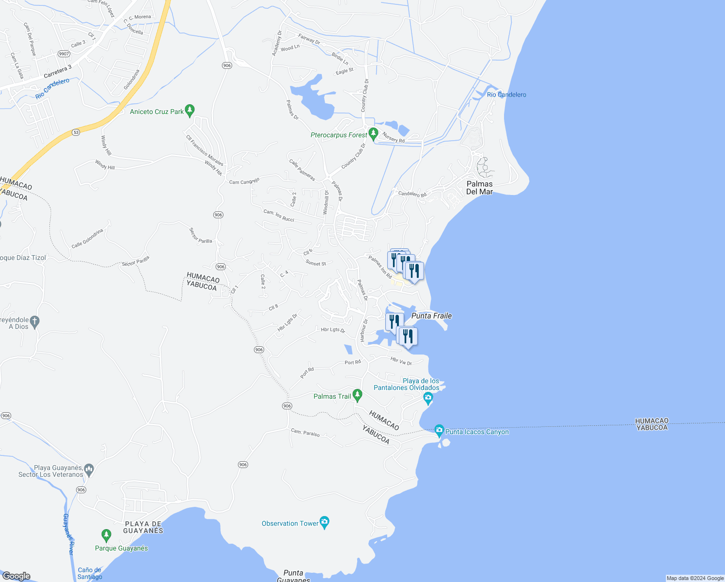 map of restaurants, bars, coffee shops, grocery stores, and more near Palmas Drives in Humacao