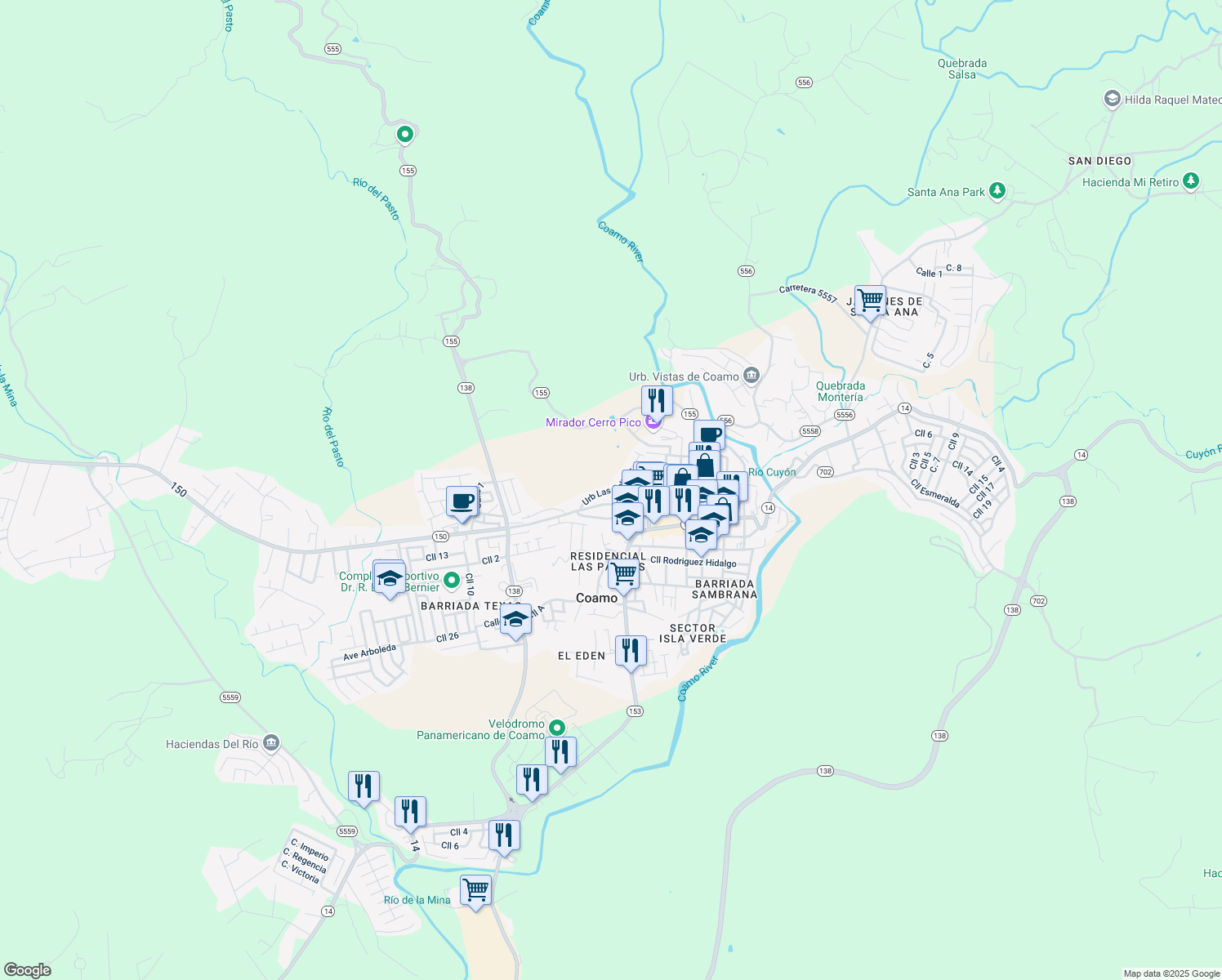 map of restaurants, bars, coffee shops, grocery stores, and more near Urb Las Colinas in Coamo