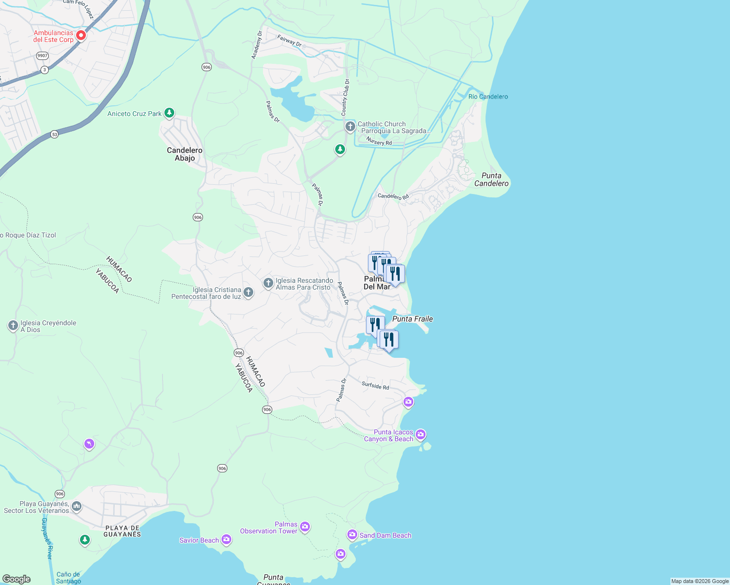 map of restaurants, bars, coffee shops, grocery stores, and more near in Palmas del Mar