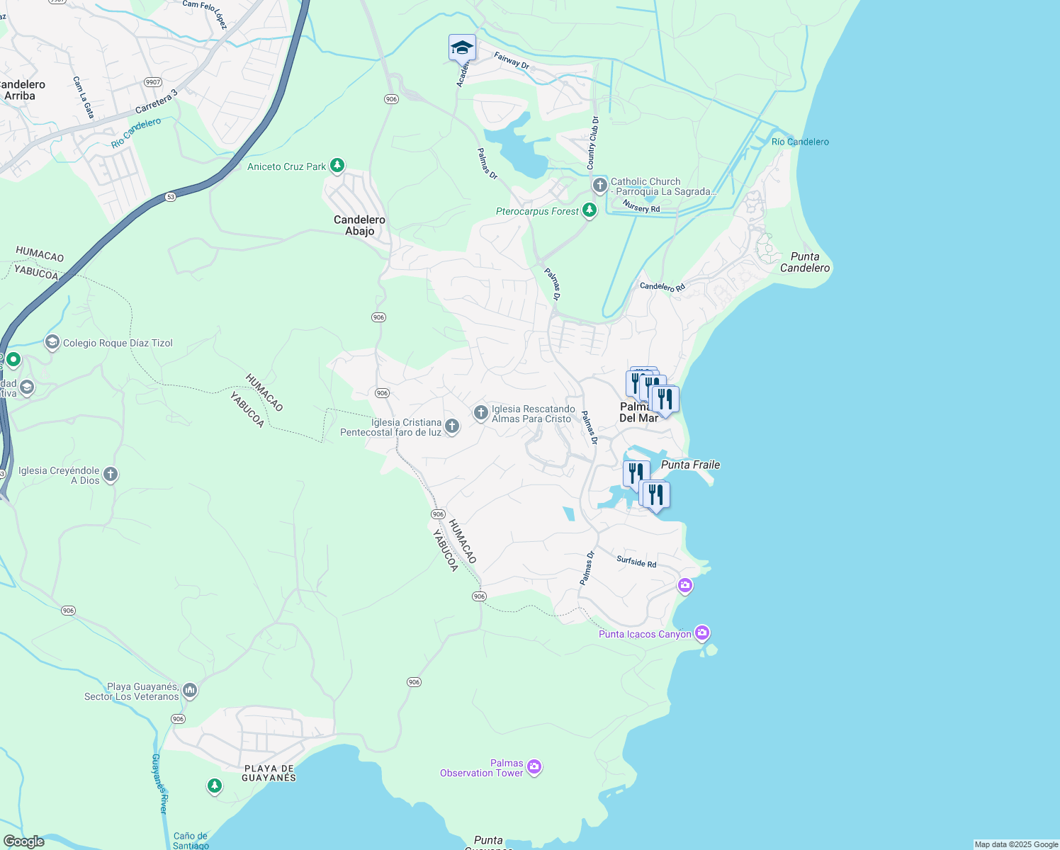 map of restaurants, bars, coffee shops, grocery stores, and more near Cll 8 in Humacao