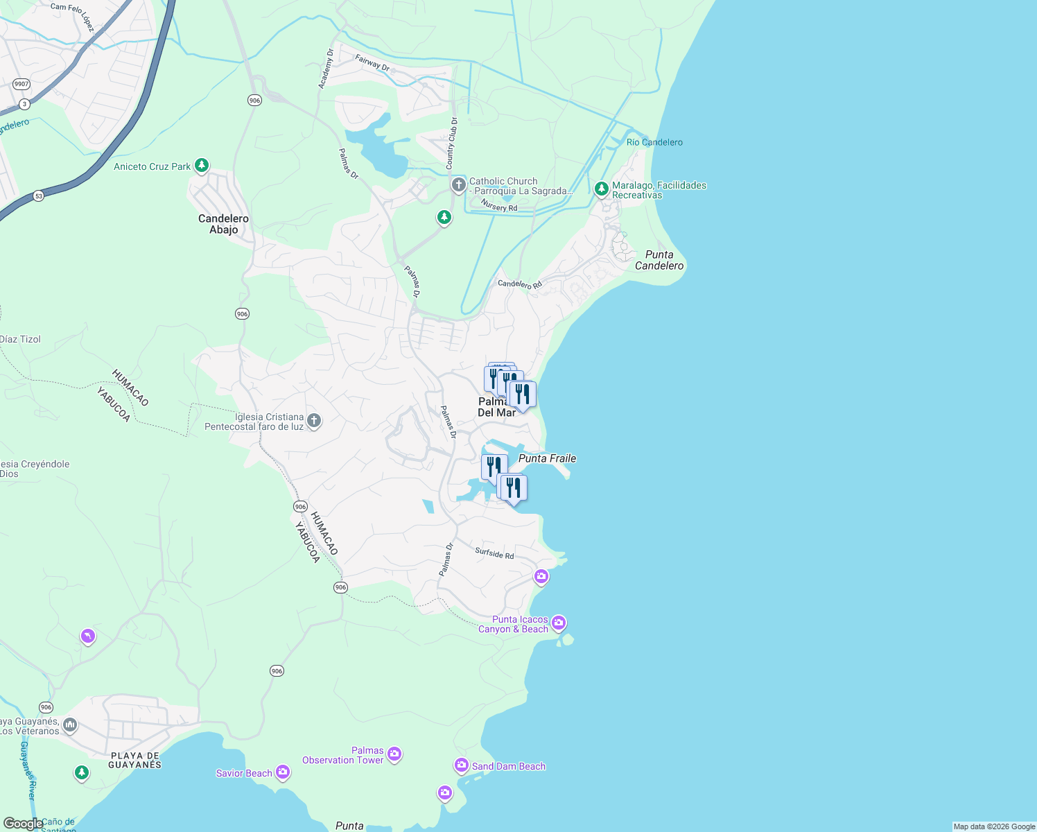 map of restaurants, bars, coffee shops, grocery stores, and more near in Palmas del Mar