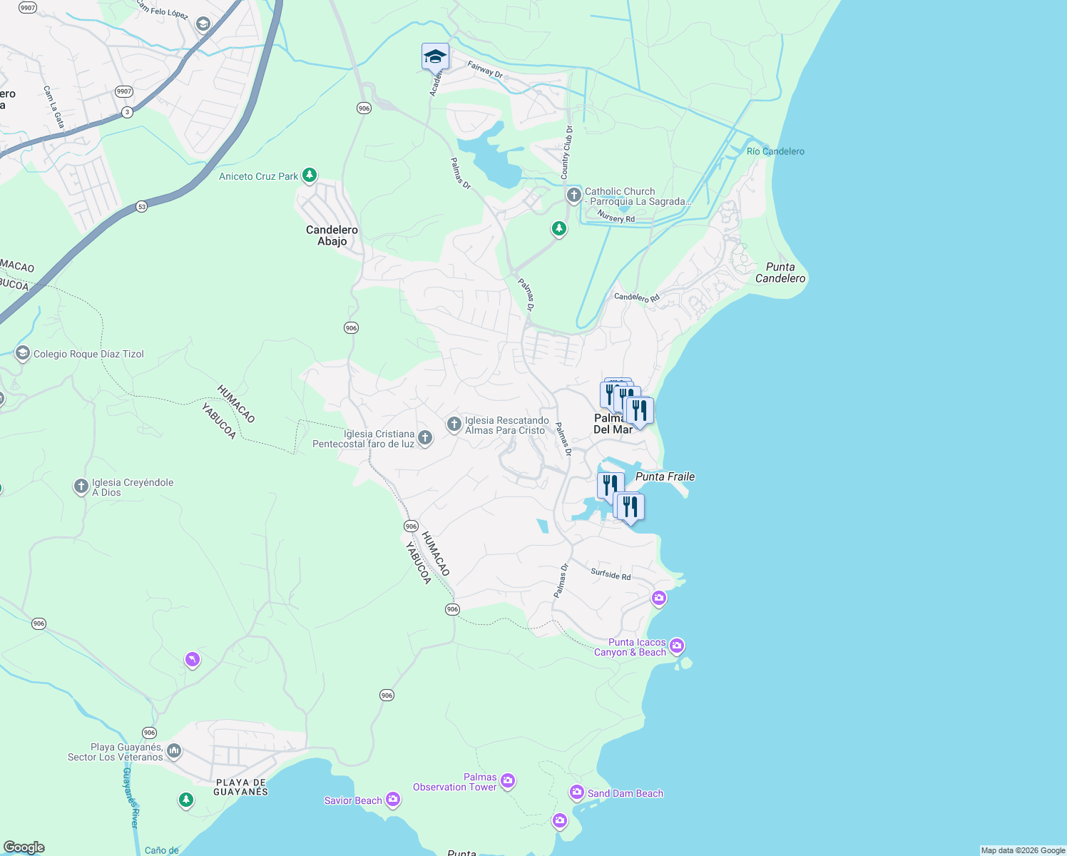 map of restaurants, bars, coffee shops, grocery stores, and more near Palmas Drives in Humacao