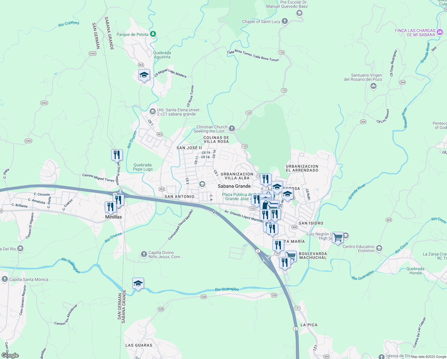 map of restaurants, bars, coffee shops, grocery stores, and more near Calle 2 in Sabana Grande