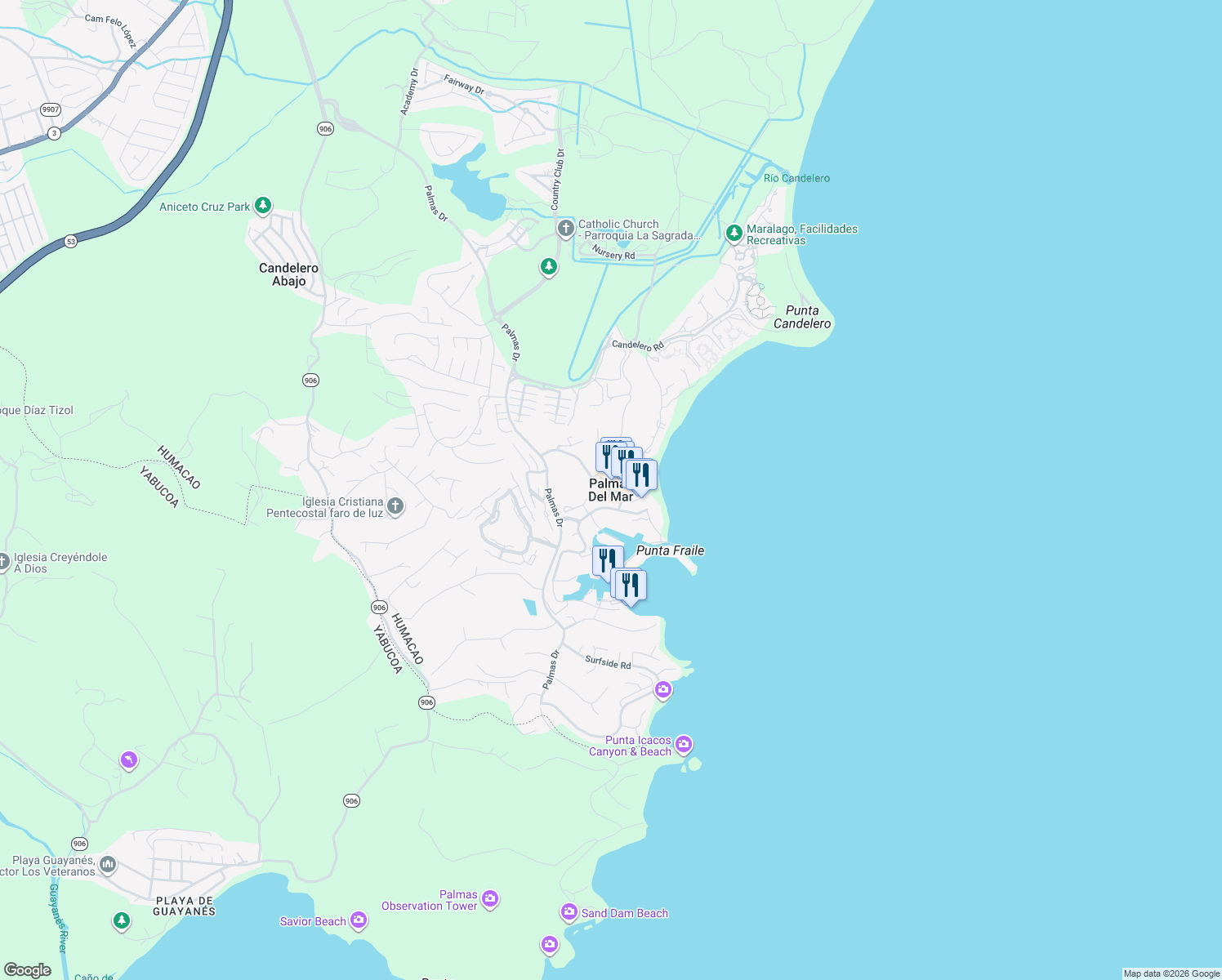 map of restaurants, bars, coffee shops, grocery stores, and more near in Palmas del Mar