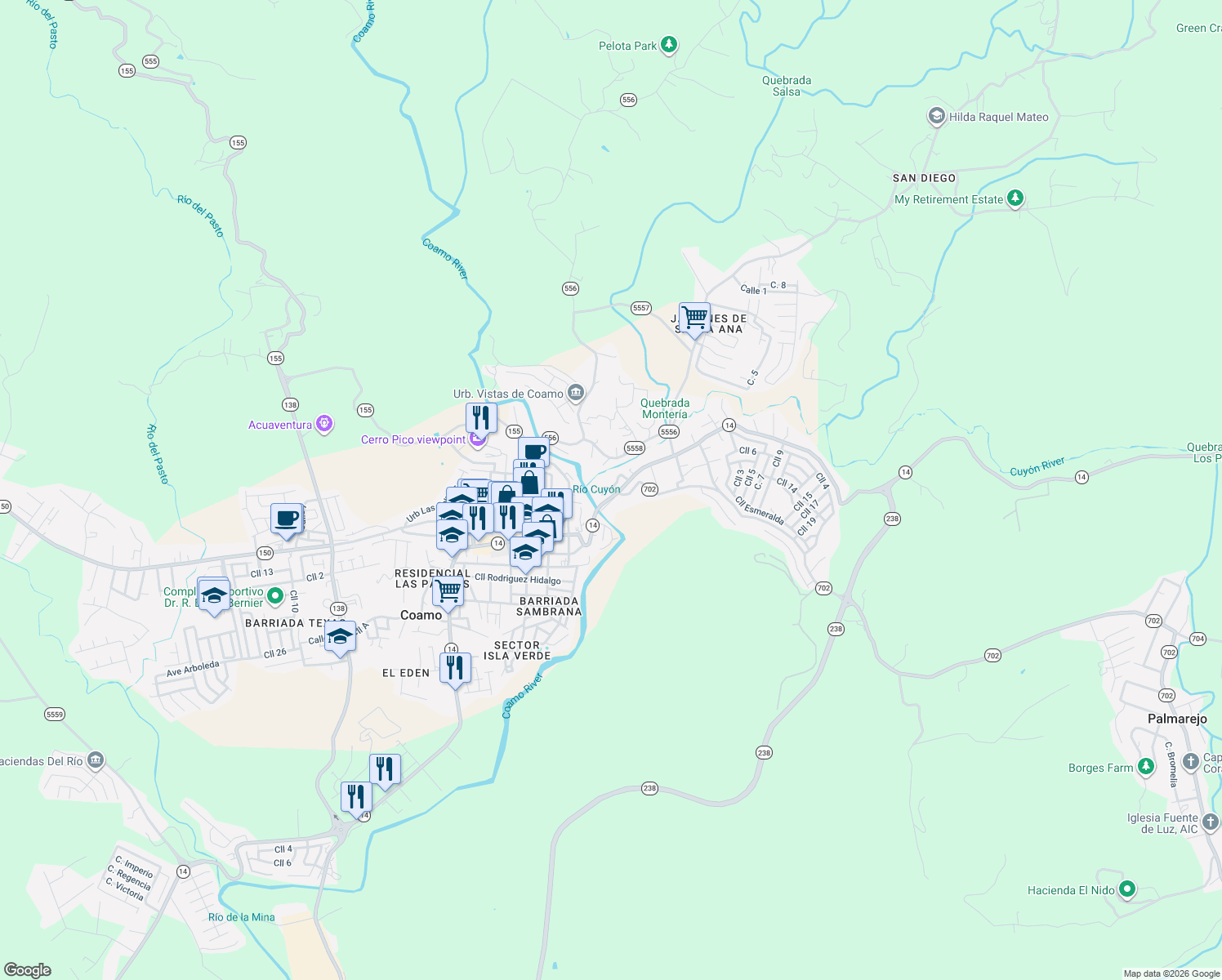 map of restaurants, bars, coffee shops, grocery stores, and more near Calle 7 in Coamo