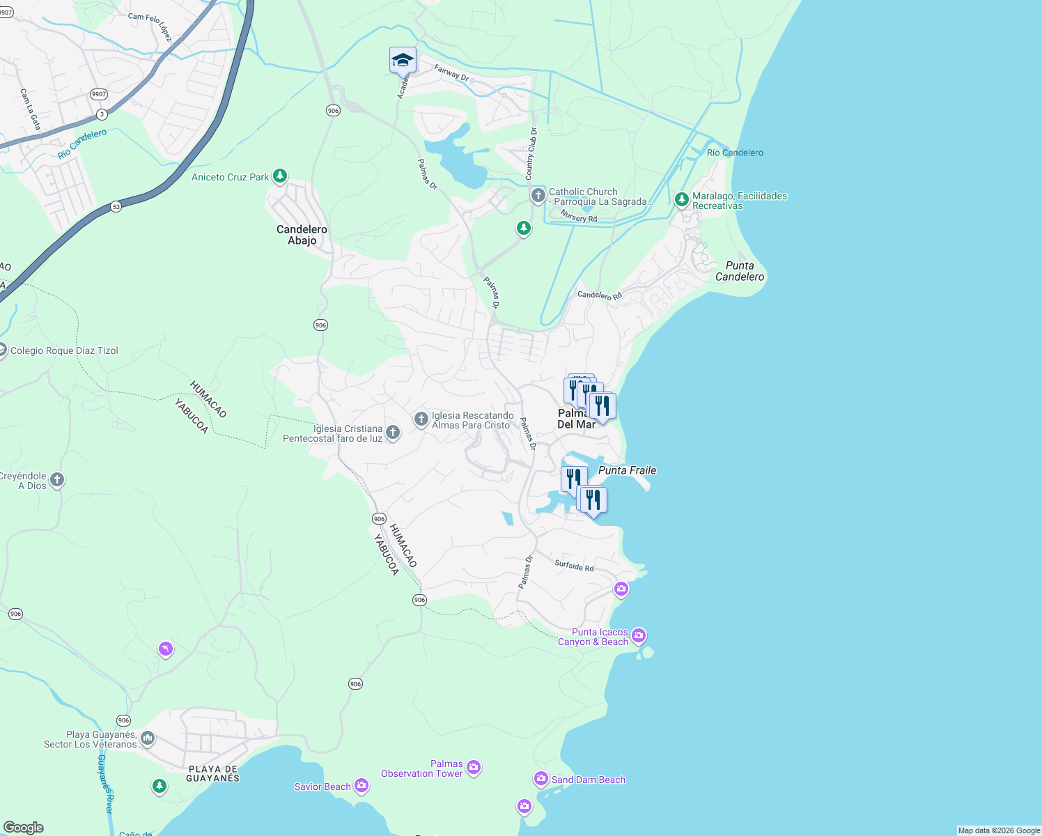 map of restaurants, bars, coffee shops, grocery stores, and more near Palmas Drives in Humacao
