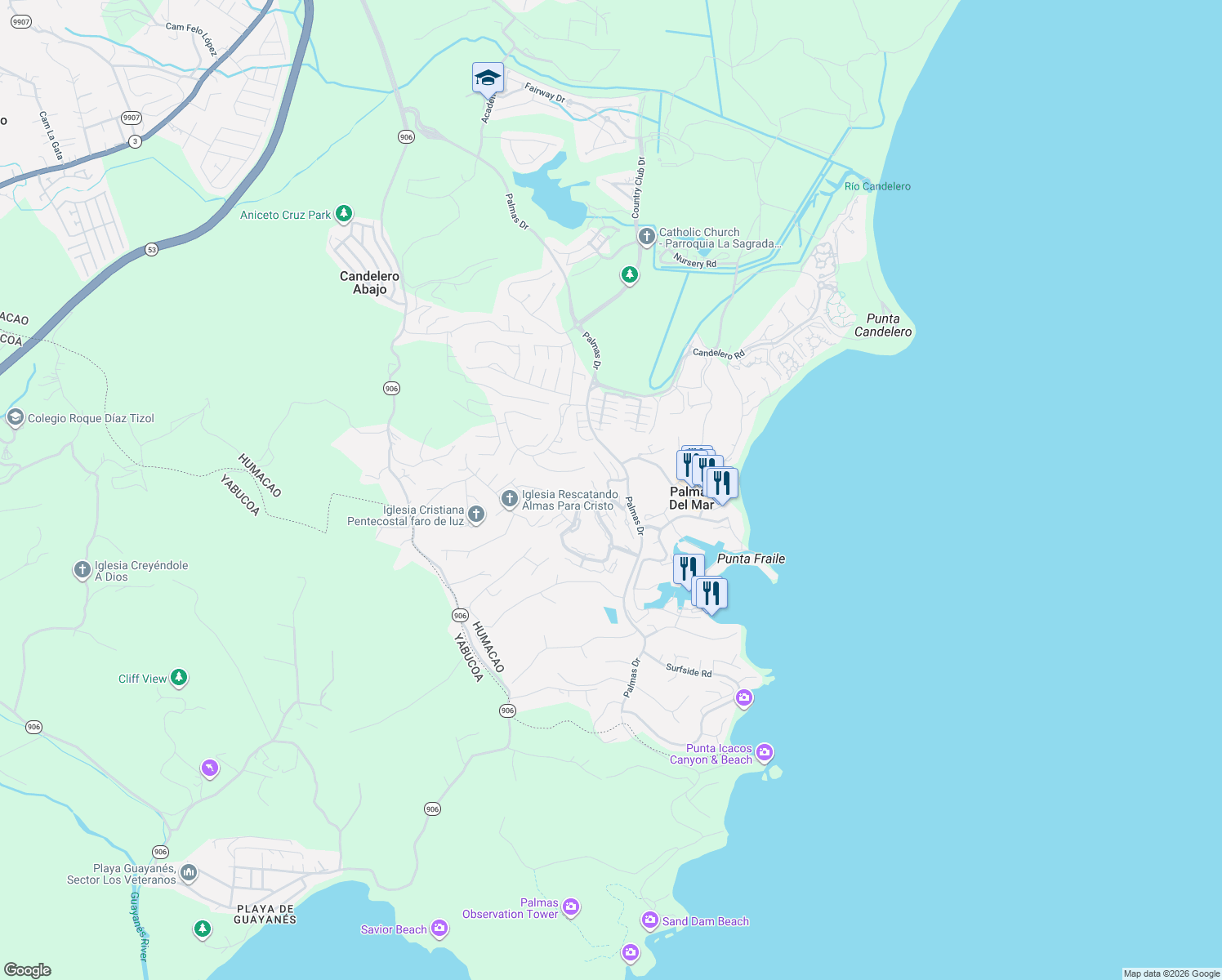 map of restaurants, bars, coffee shops, grocery stores, and more near Palmas Drives in Humacao