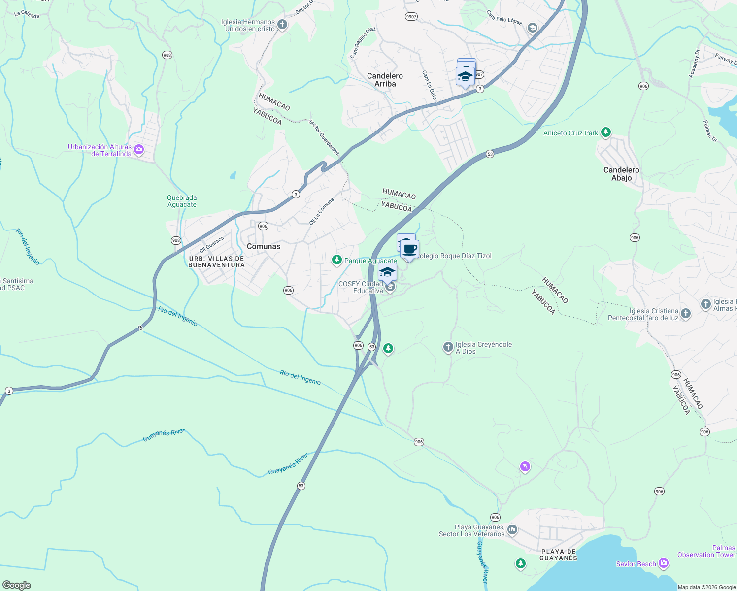 map of restaurants, bars, coffee shops, grocery stores, and more near in Comunas
