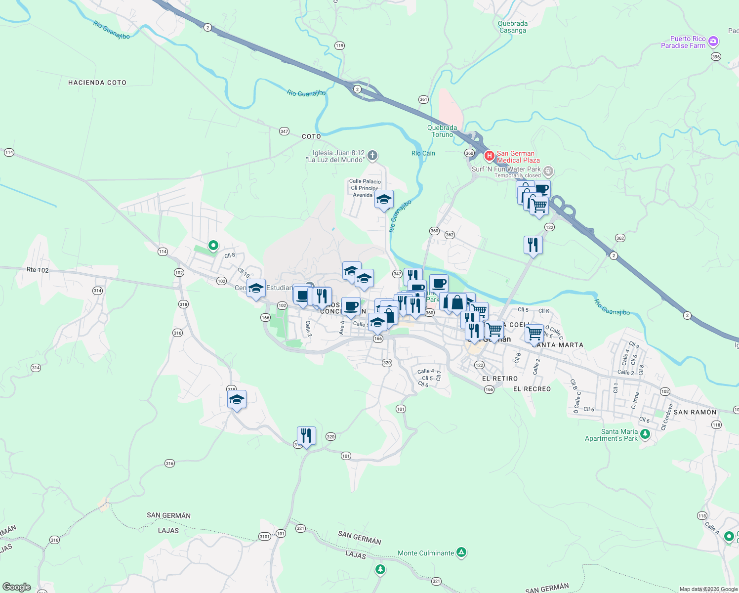 map of restaurants, bars, coffee shops, grocery stores, and more near 10 Calle San Sebastian in San Germán
