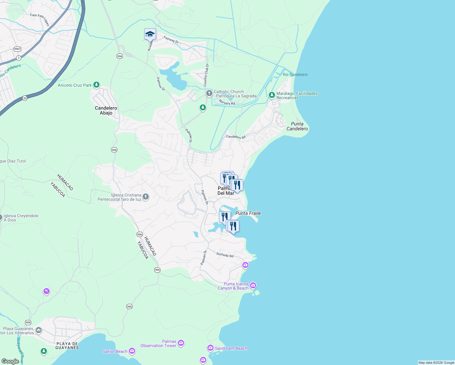map of restaurants, bars, coffee shops, grocery stores, and more near Calle Monte Carlo in Humacao