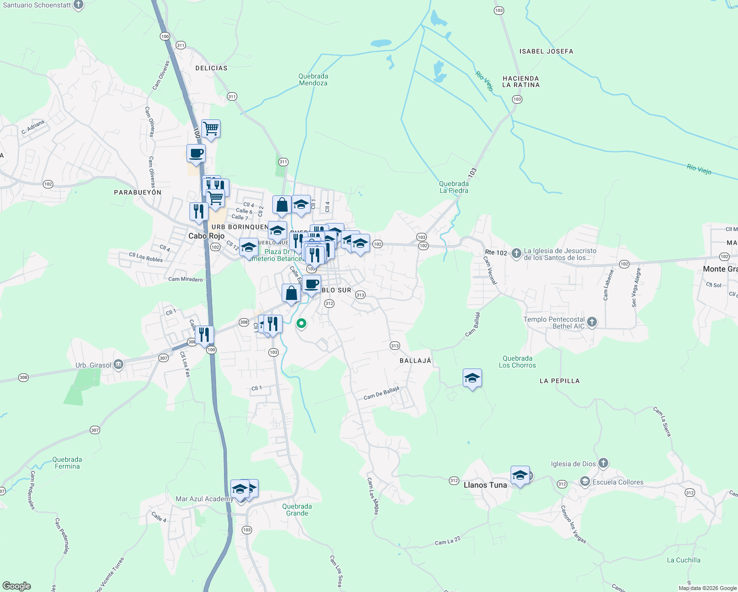map of restaurants, bars, coffee shops, grocery stores, and more near in Cabo Rojo