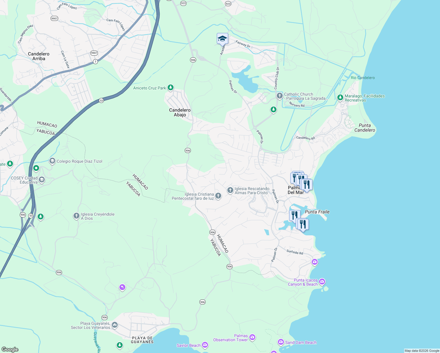 map of restaurants, bars, coffee shops, grocery stores, and more near in Palmas del Mar