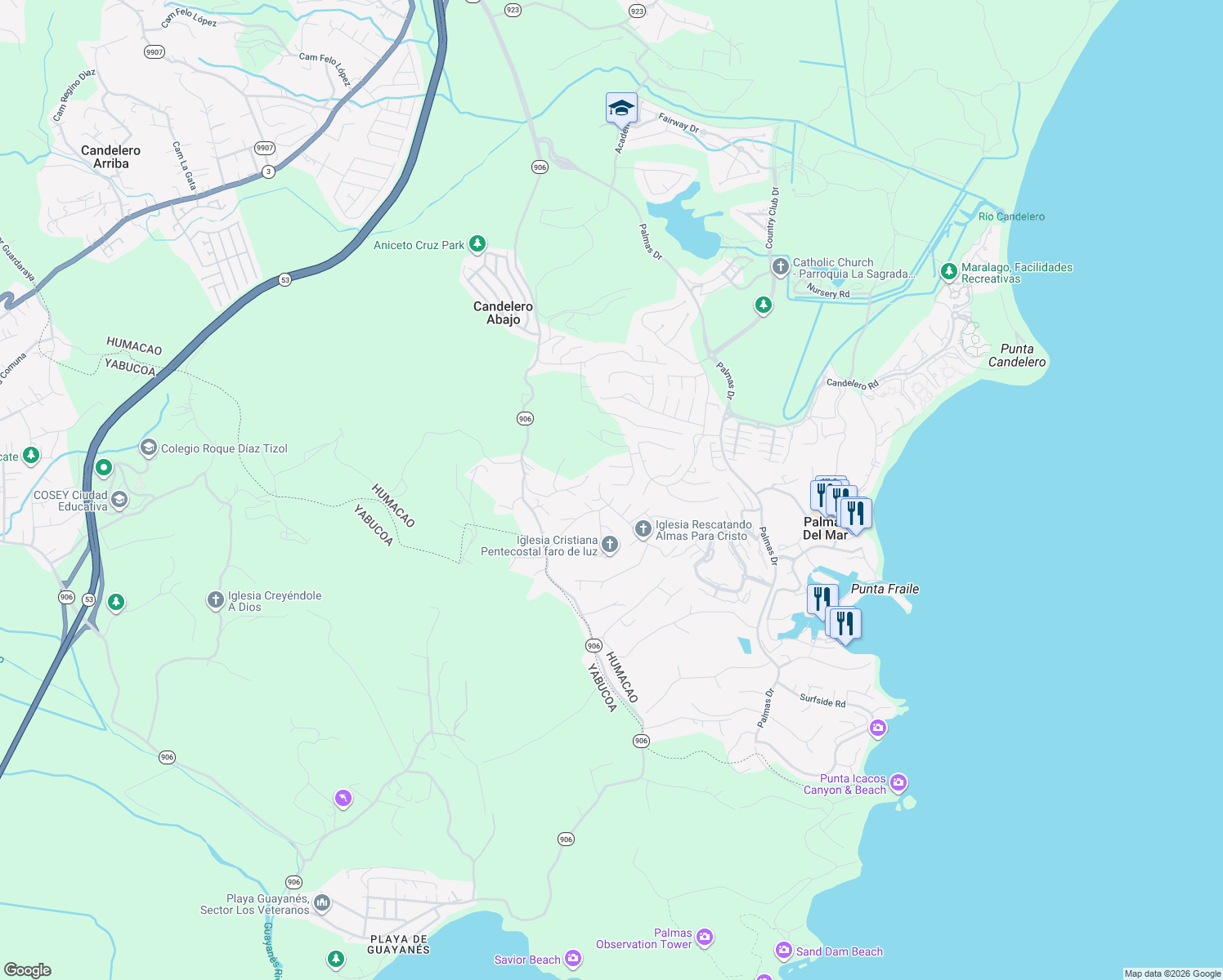 map of restaurants, bars, coffee shops, grocery stores, and more near in Palmas del Mar