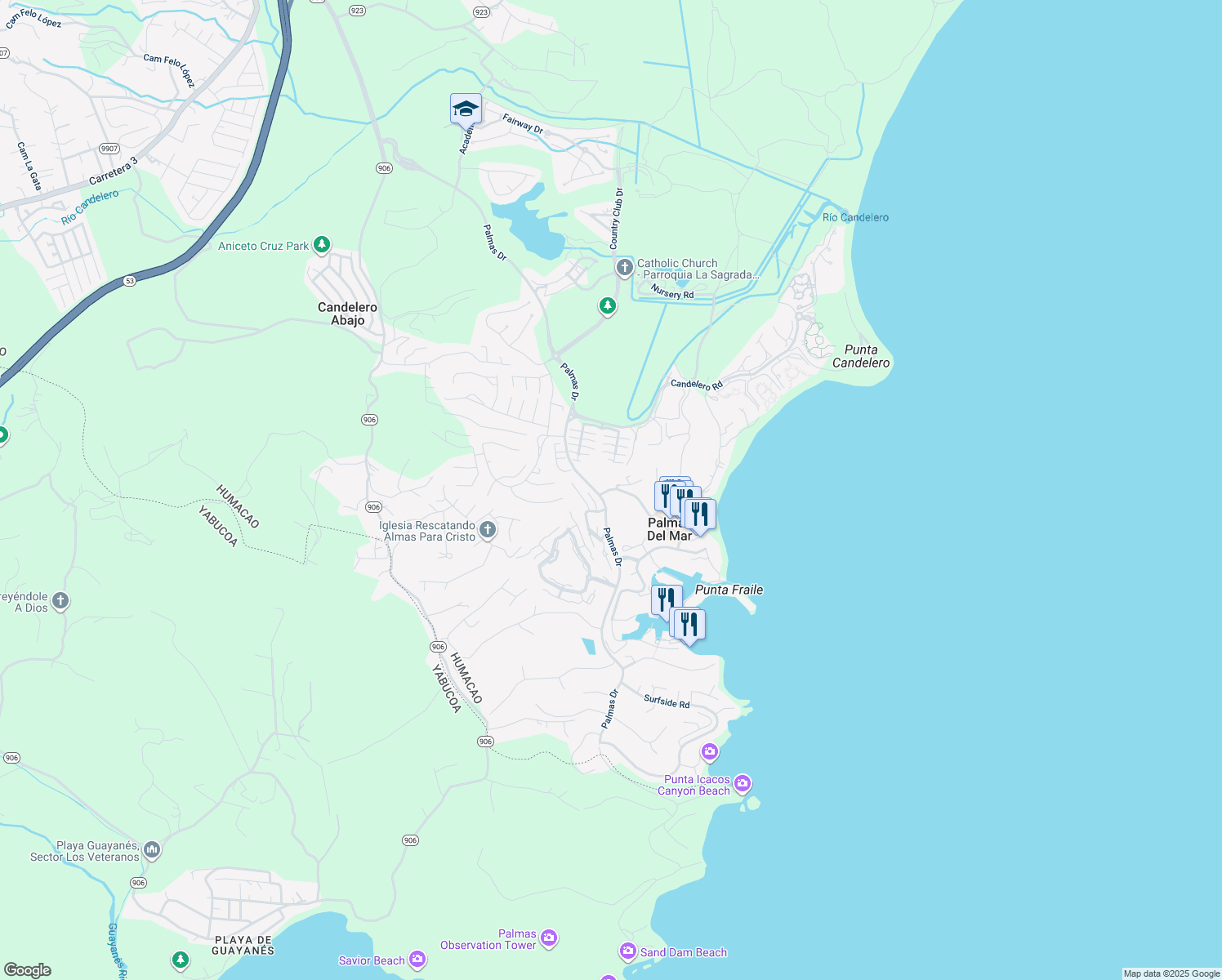 map of restaurants, bars, coffee shops, grocery stores, and more near in Candelero Abajo