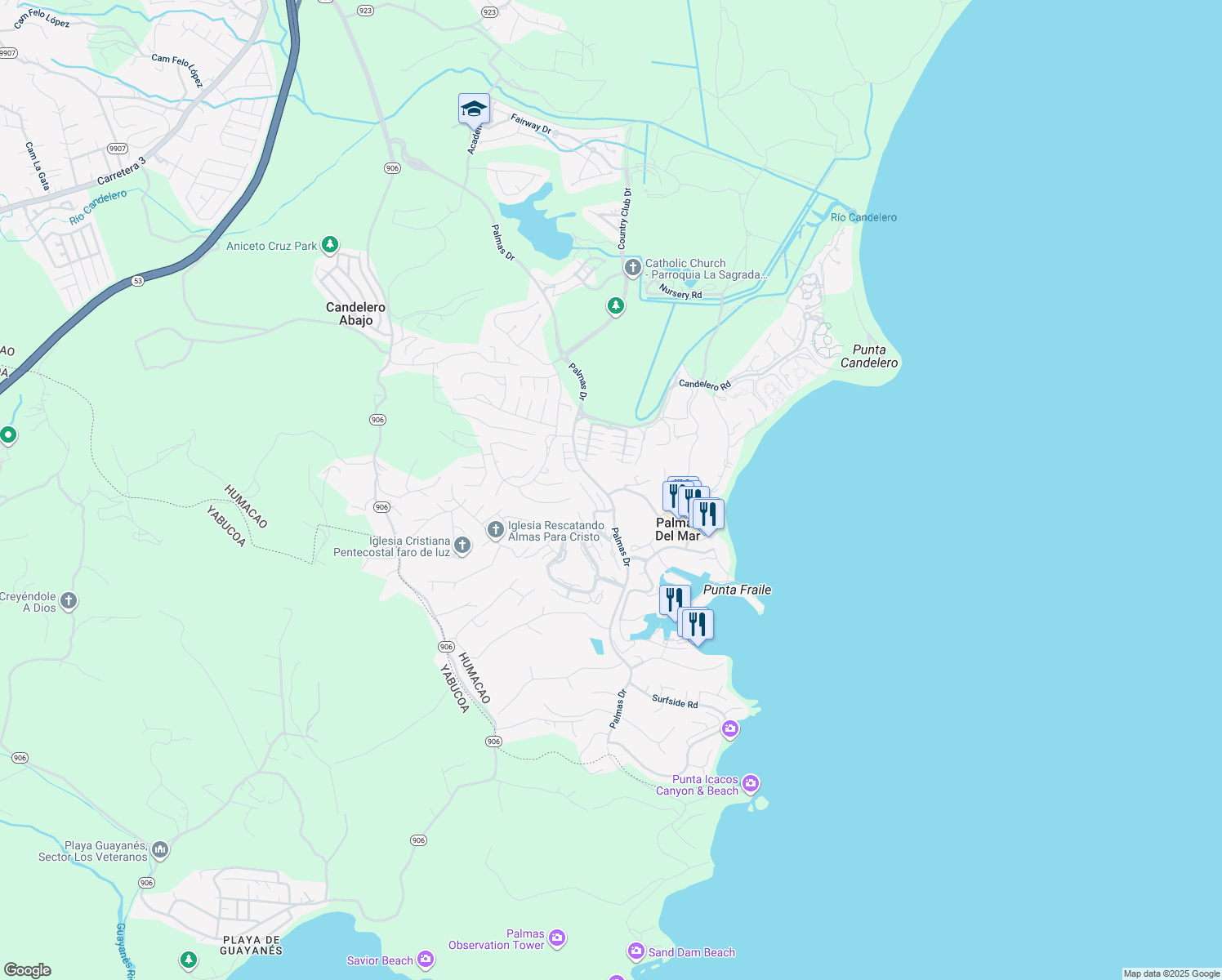 map of restaurants, bars, coffee shops, grocery stores, and more near in Palmas del Mar