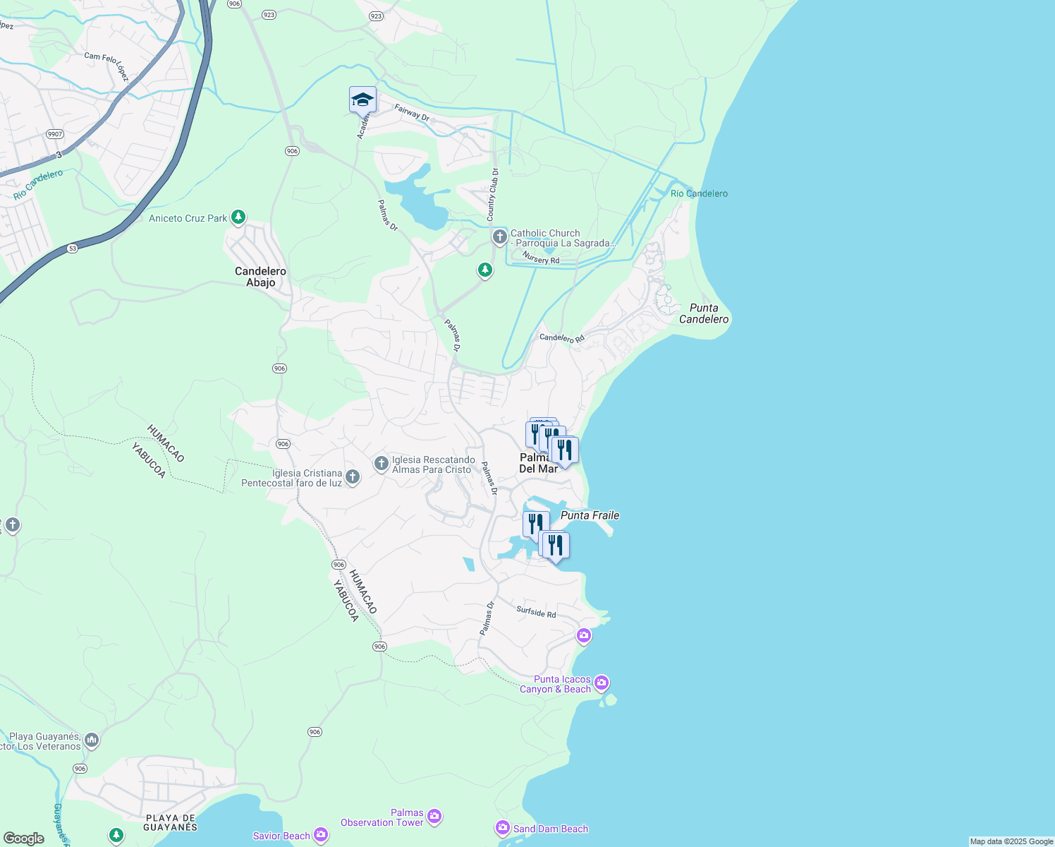 map of restaurants, bars, coffee shops, grocery stores, and more near Calle Monte Carlo in Humacao