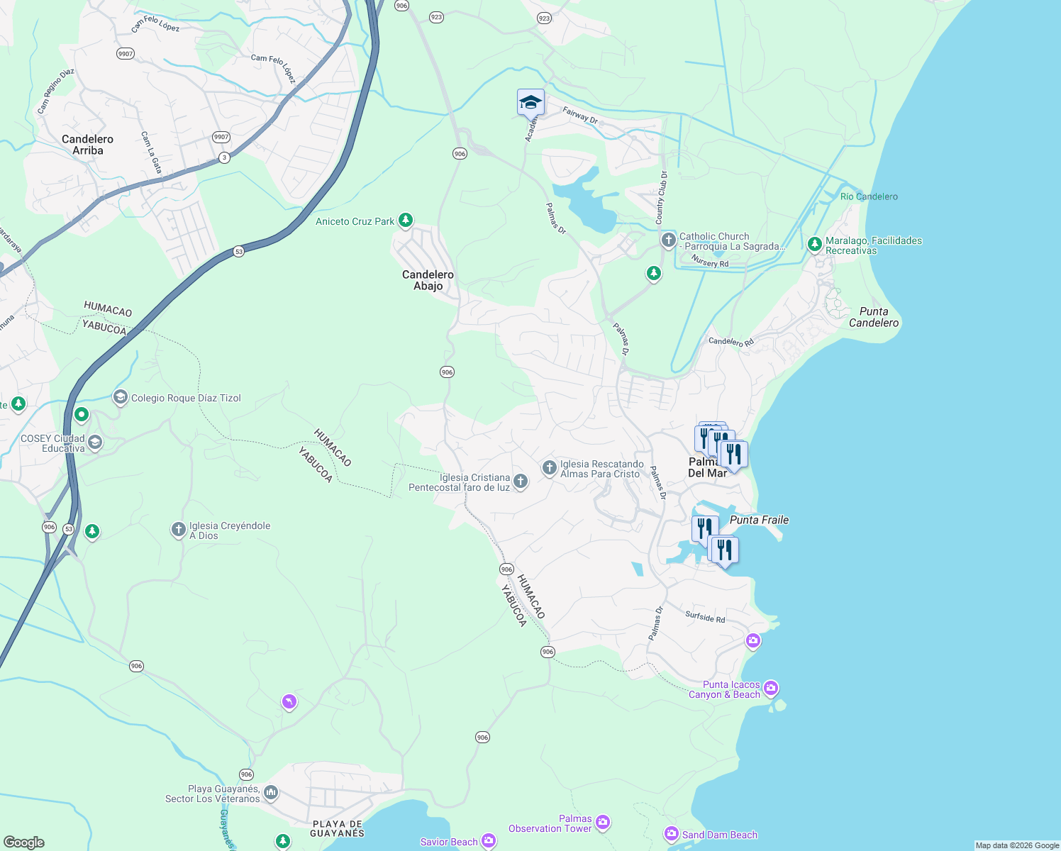map of restaurants, bars, coffee shops, grocery stores, and more near Calle 6 in Humacao
