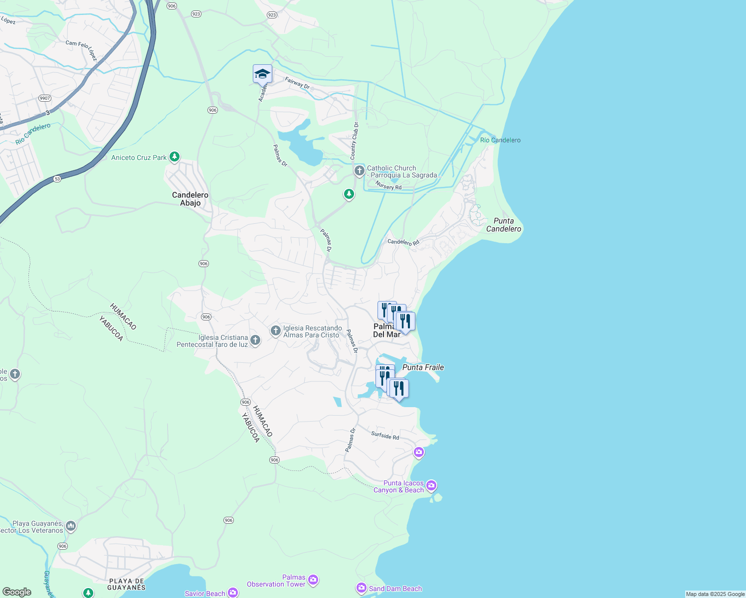 map of restaurants, bars, coffee shops, grocery stores, and more near Calle Monte Carlo in Humacao